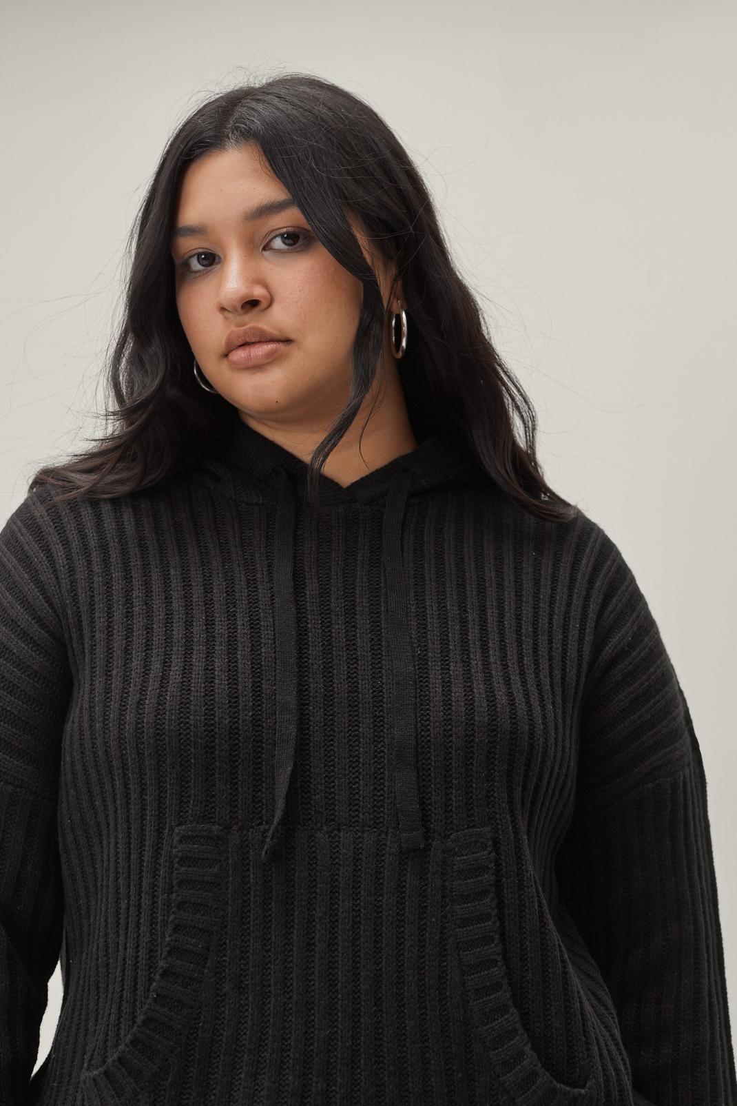 Black Plus Size Rib Oversized Knitted Hoodie image number 1