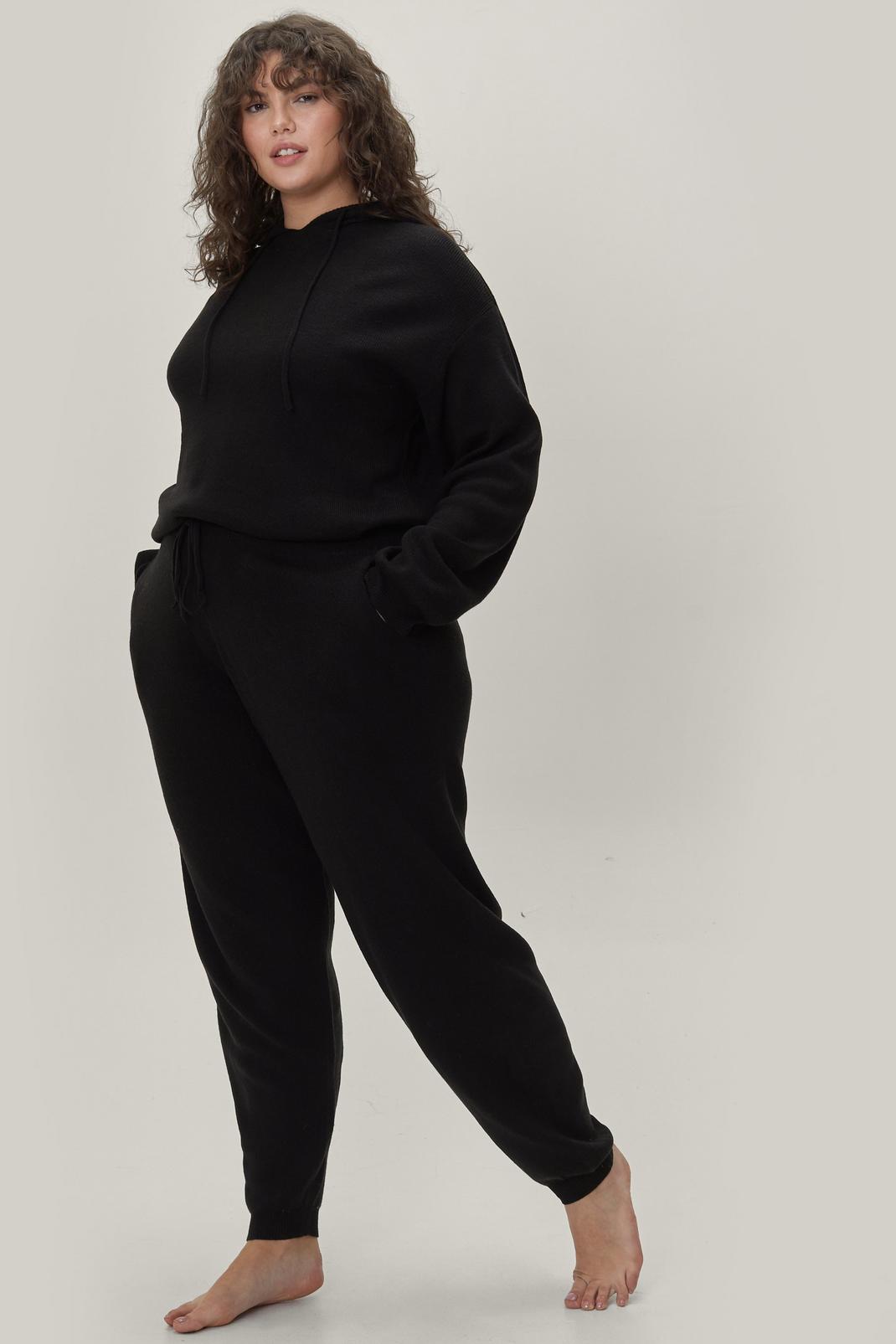 Black Plus Size Hoodie & Jogger Knitted Lounge Set image number 1