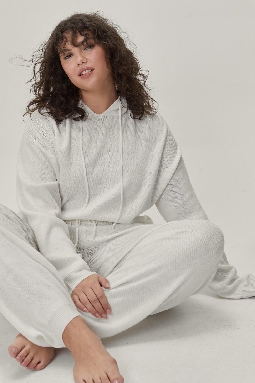 Cream Plus Size Hoodie & Jogger Knitted Lounge Set image number 1
