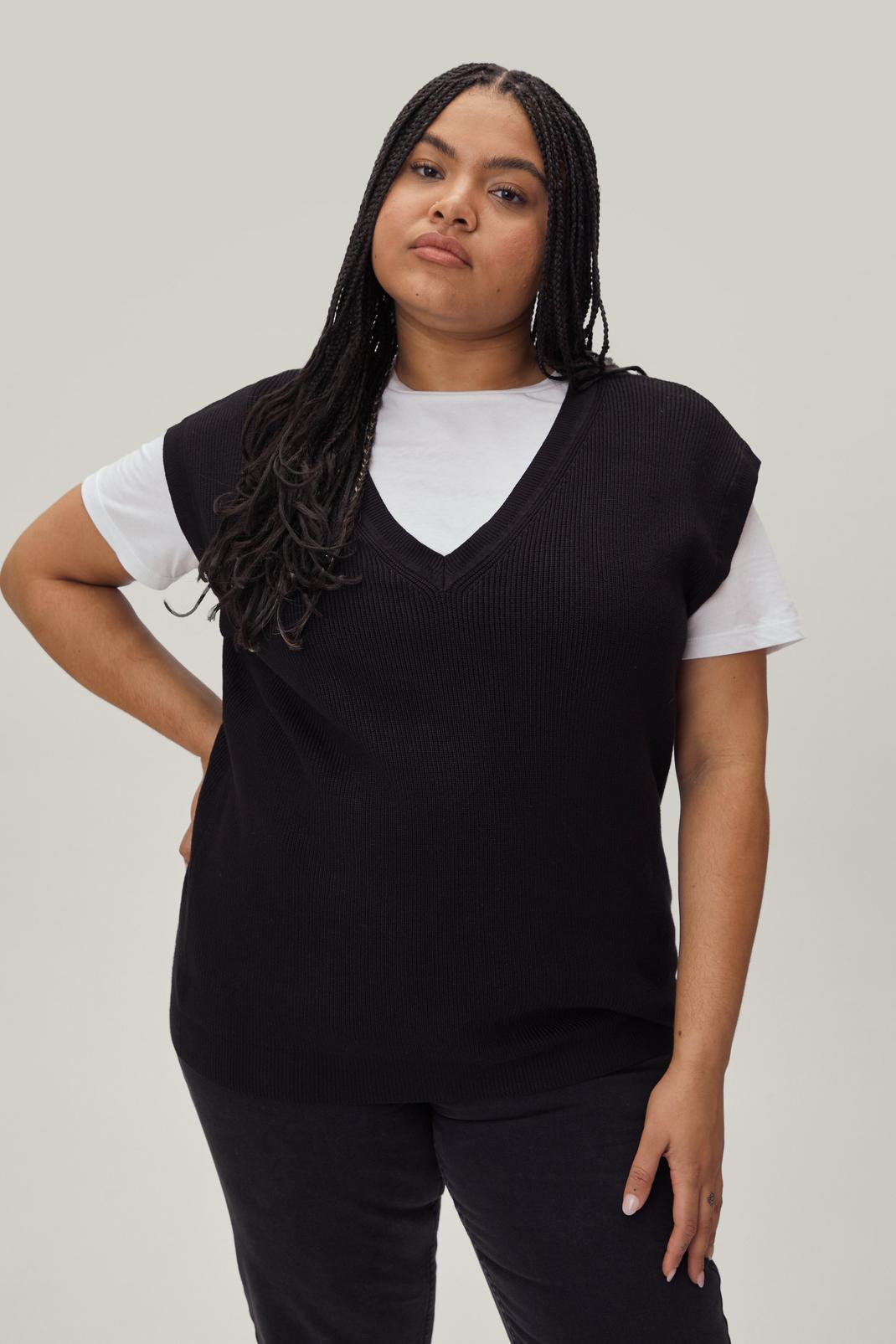 Black Plus Size Slouchy V Neck Sweater Vest image number 1