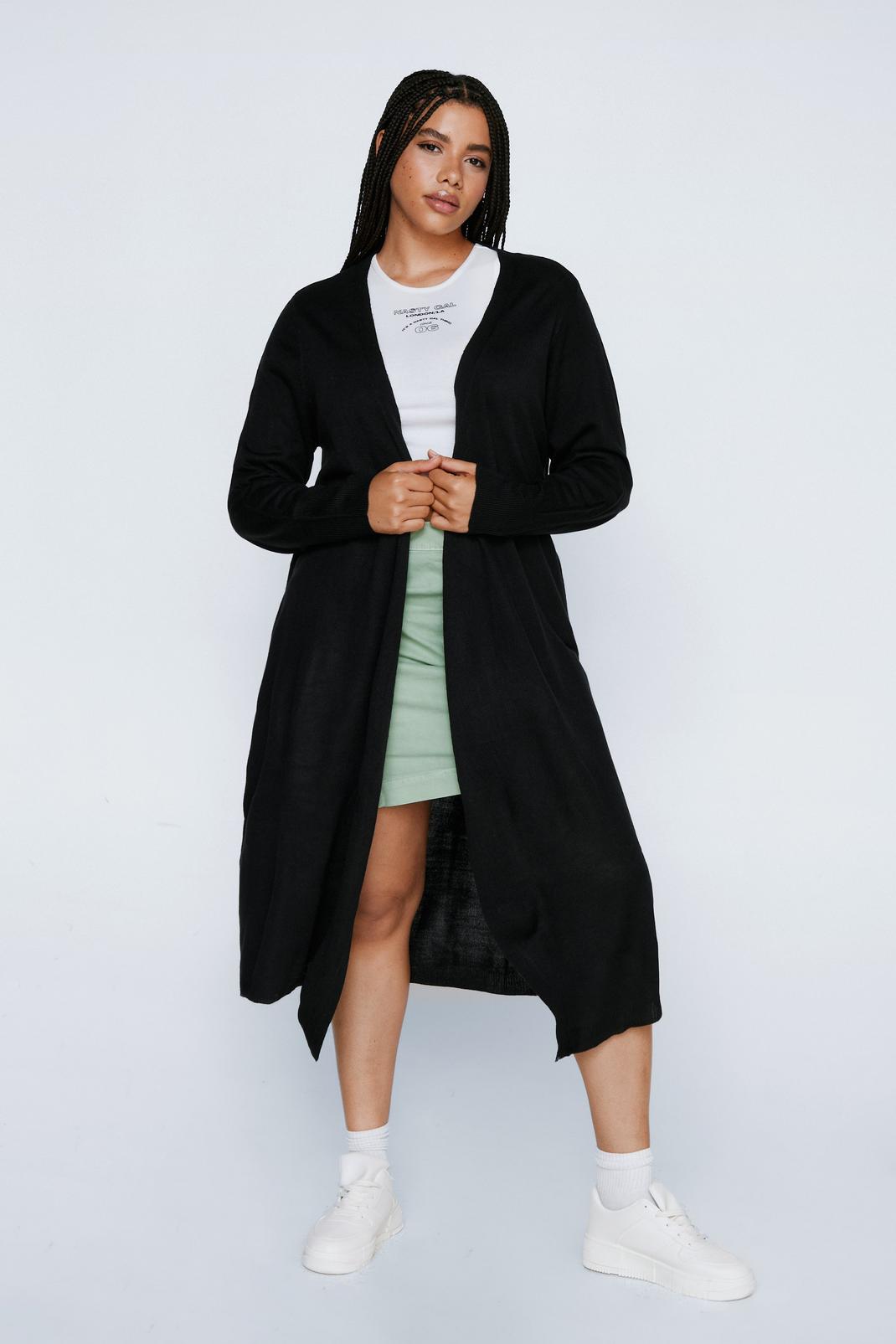 Black Plus Size Belted Knitted Longline Cardigan image number 1