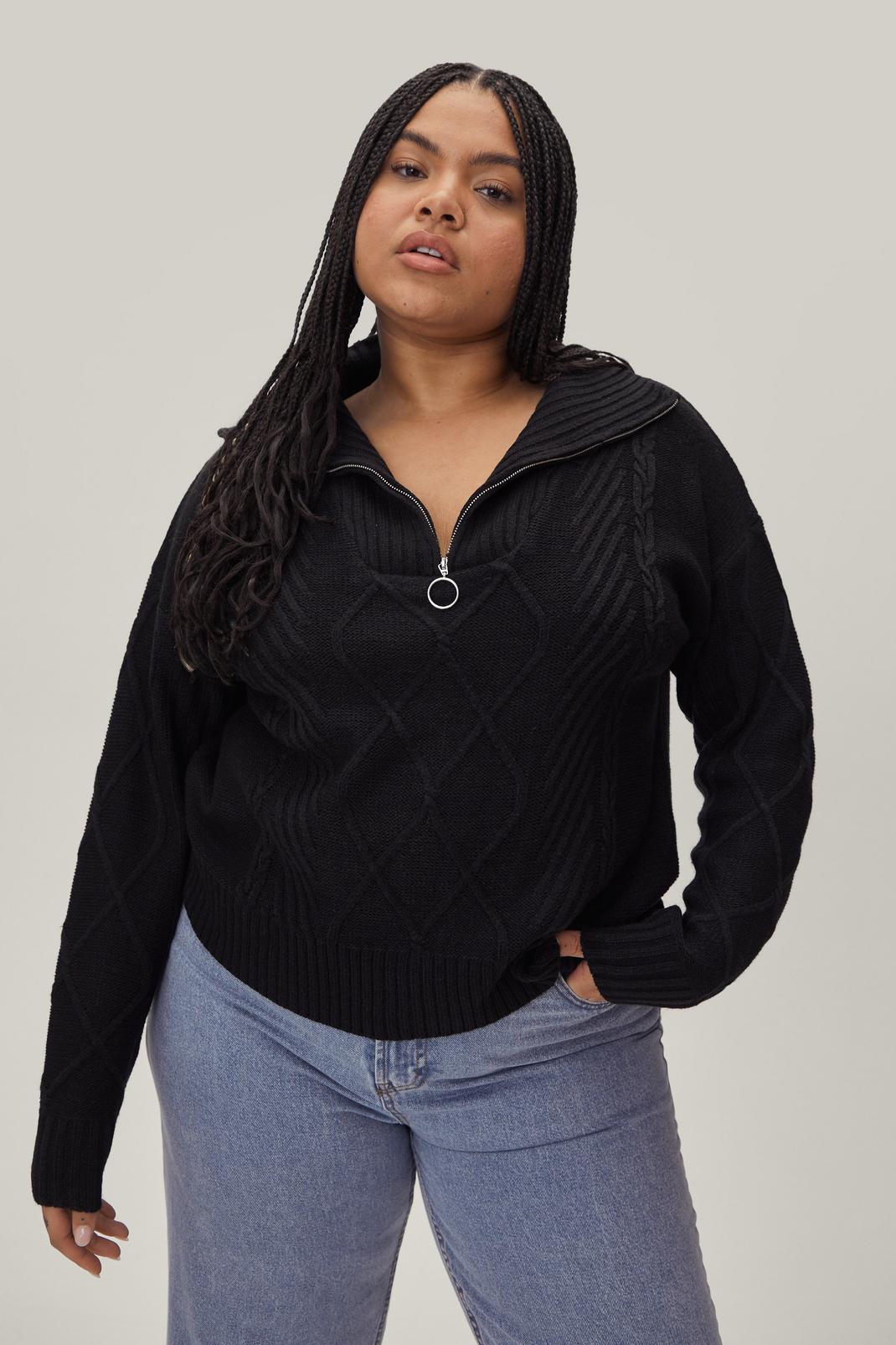 Black Plus Size Chunky Rib Collar Cable Knit Sweater image number 1