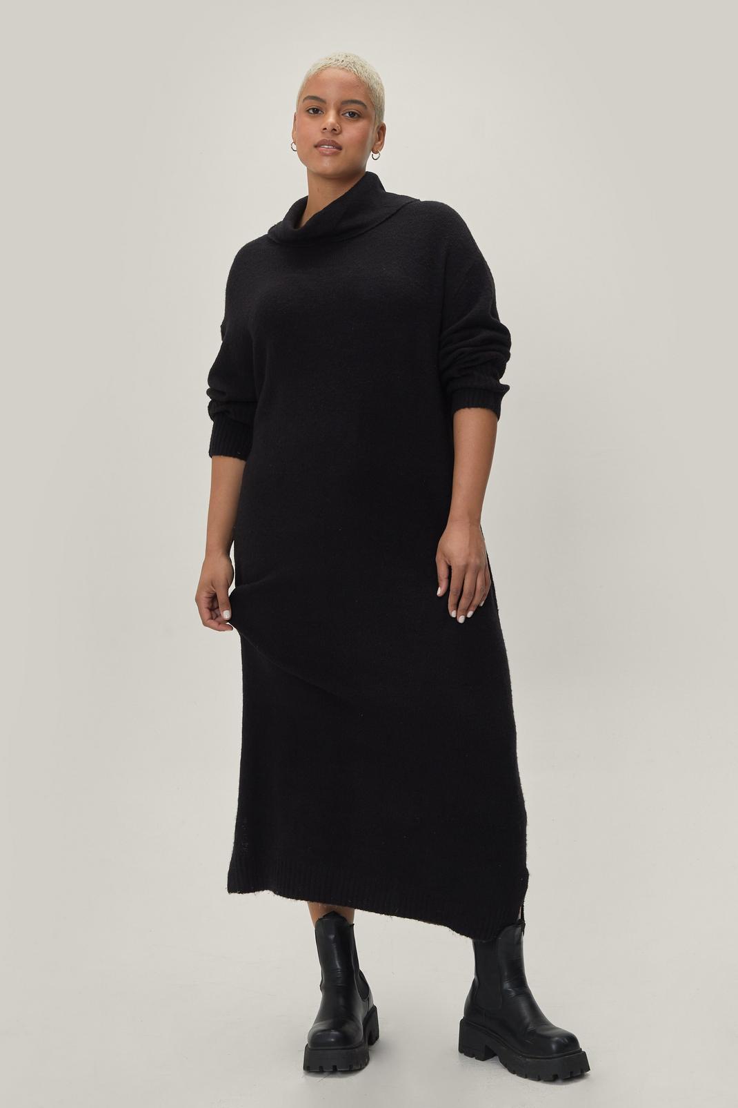 Black Plus Size Roll Neck Midi Knitted Dress image number 1