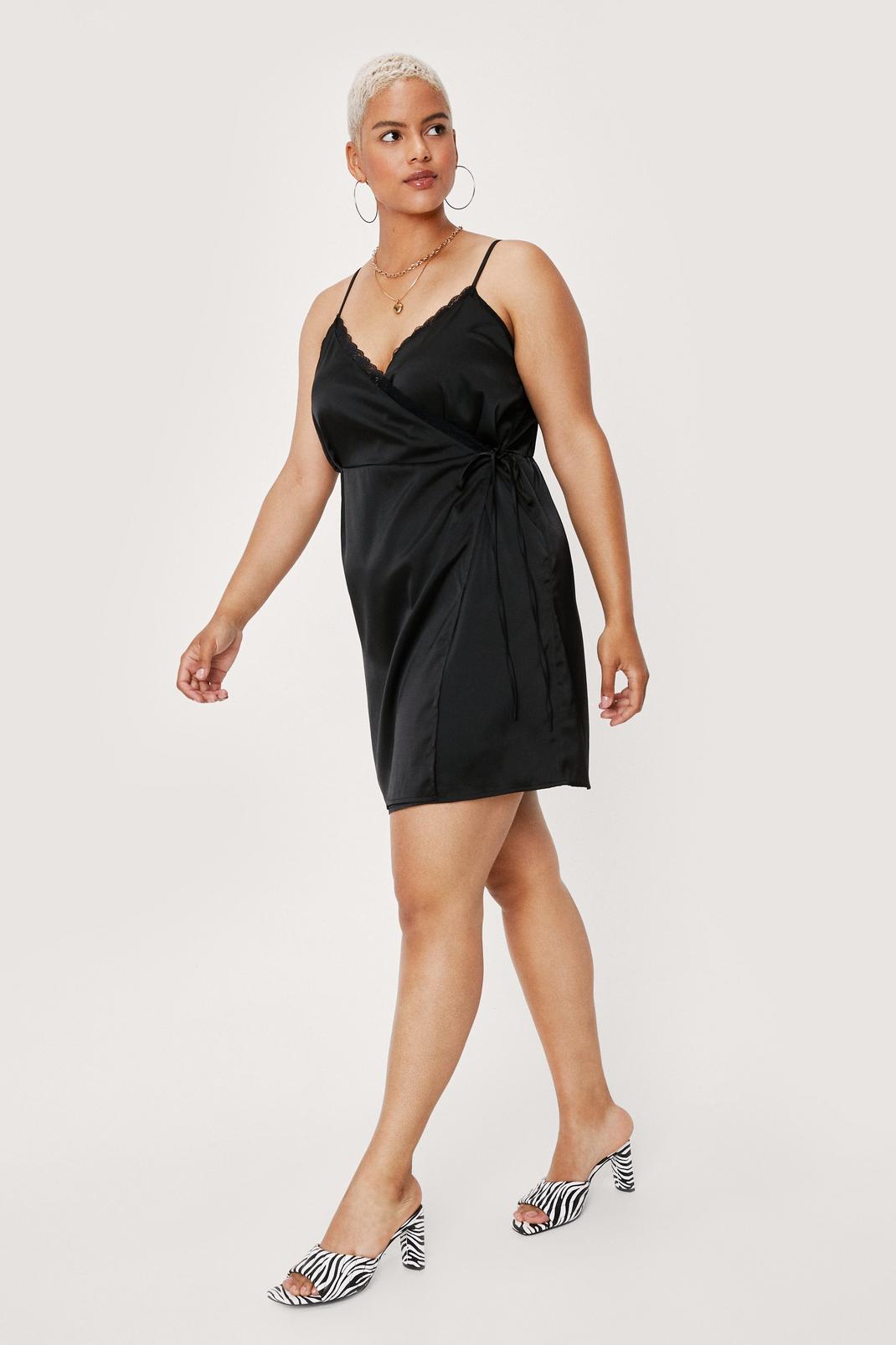 Black Plus Size Lace Trim Wrap Mini Dress image number 1