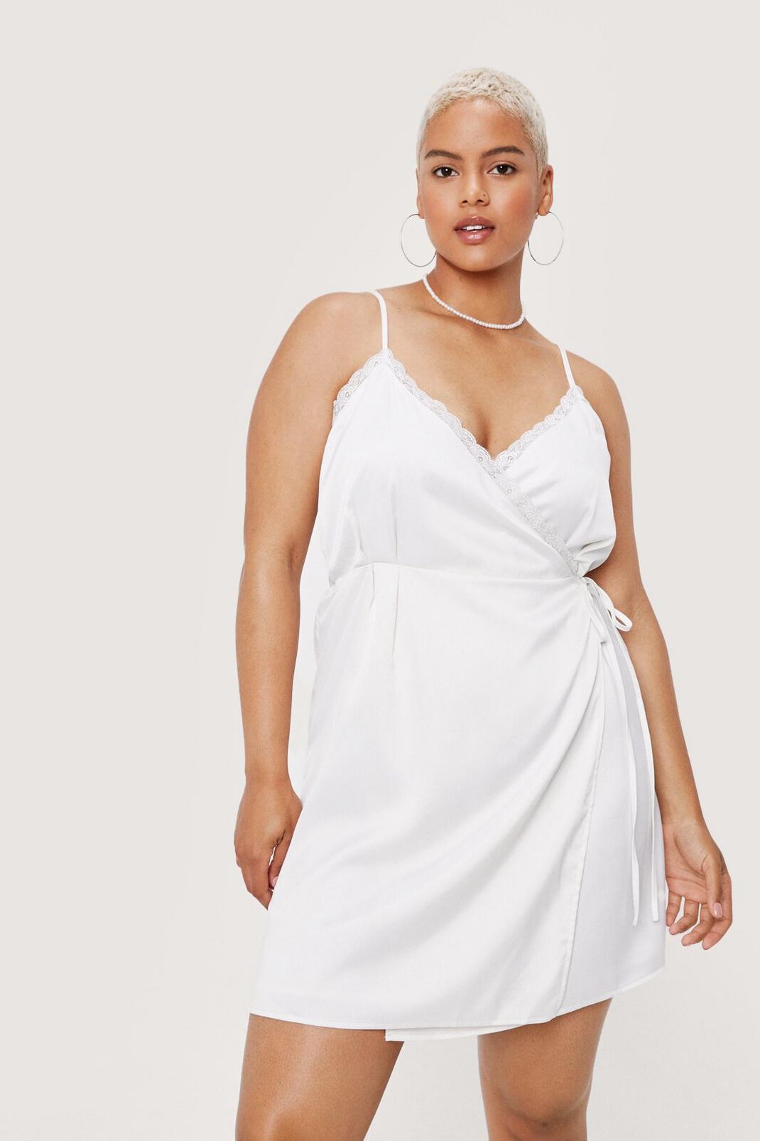 White Plus Size Lace Trim Wrap Mini Dress image number 1
