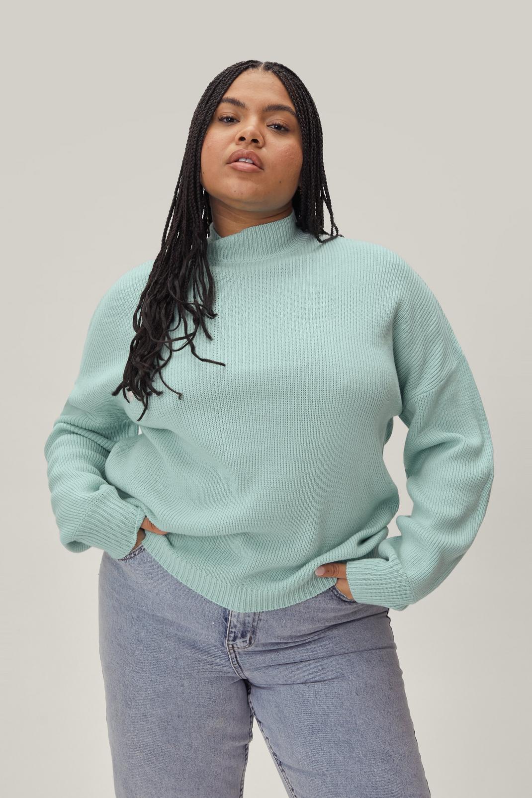 Green Plus Size High Neck Knitted Sweater image number 1