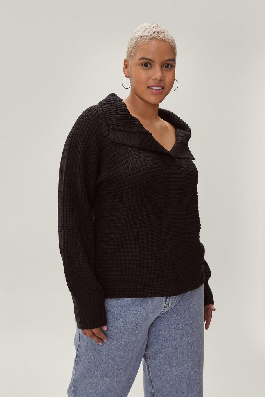Plus Size Oversized Knitted Collared Sweatshirt