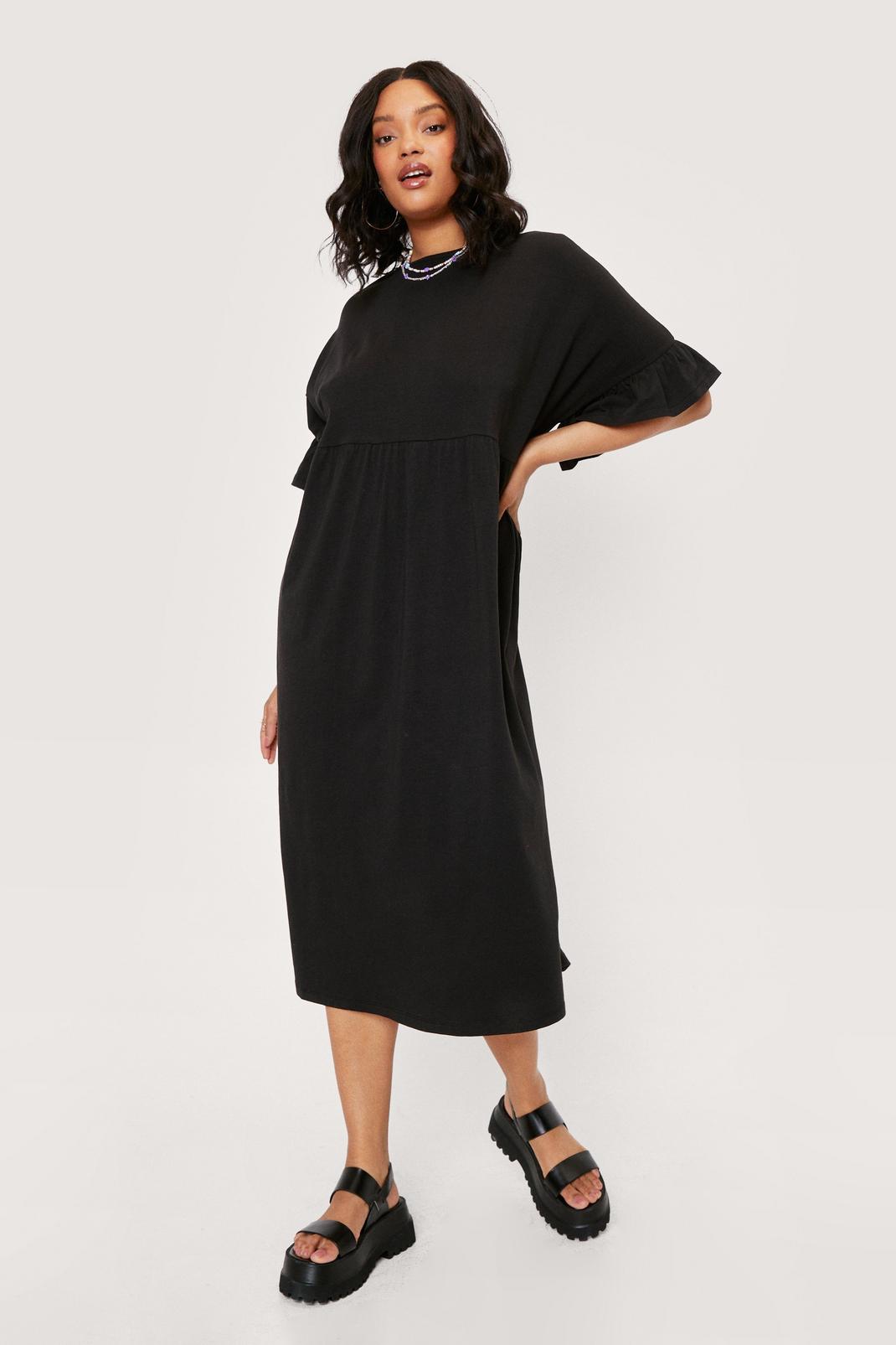 Black Plus Size Ruffle Sleeve Smock Midi Dress image number 1
