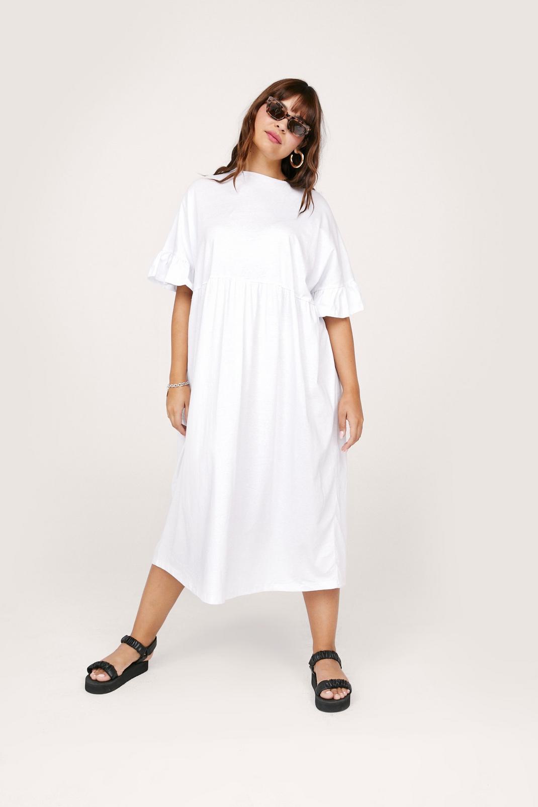 White Plus Size Ruffle Sleeve Smock Midi Dress image number 1