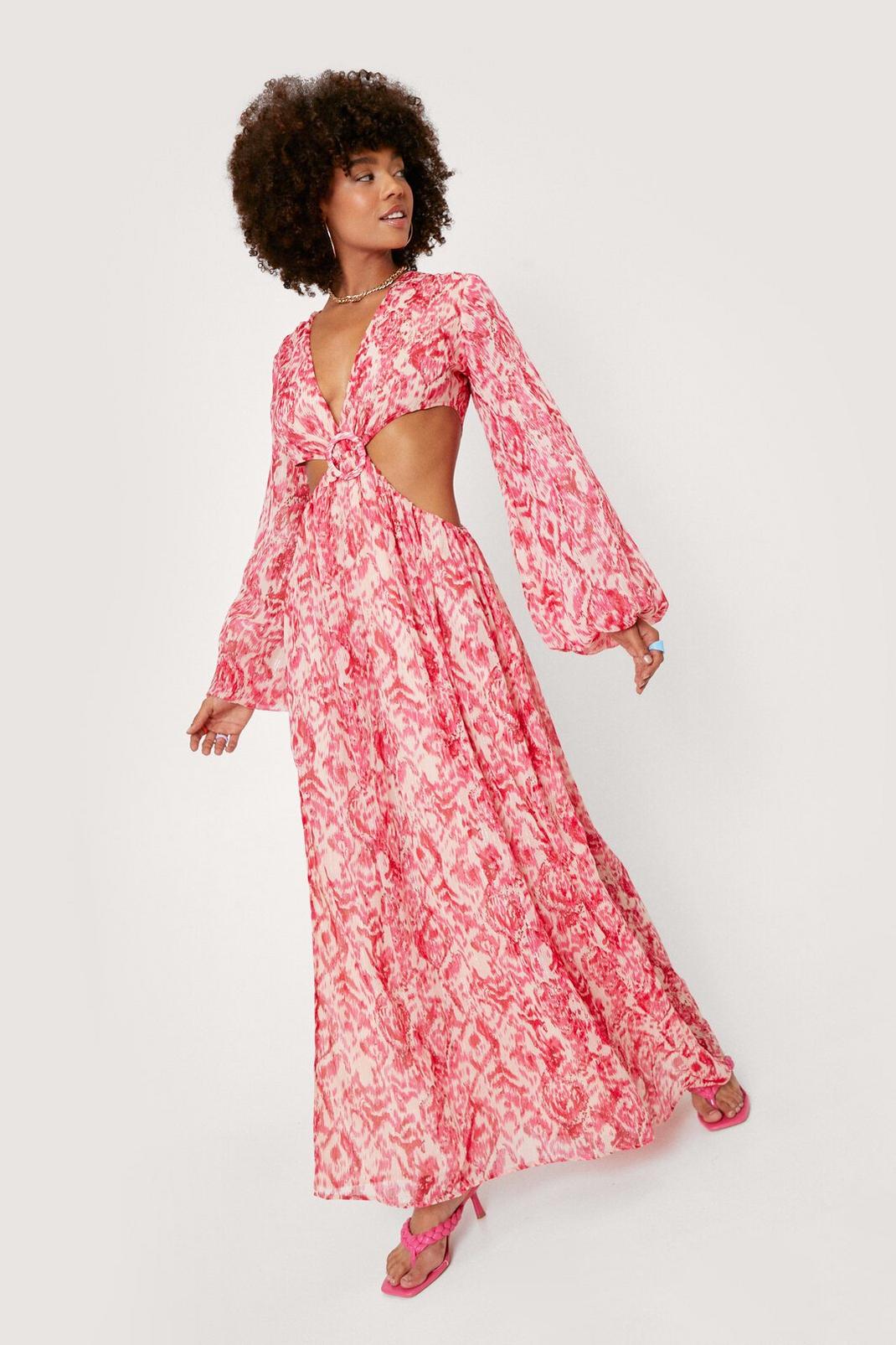 Robe volantée longue à découpes et imprimé animalier abstrait, Pink image number 1