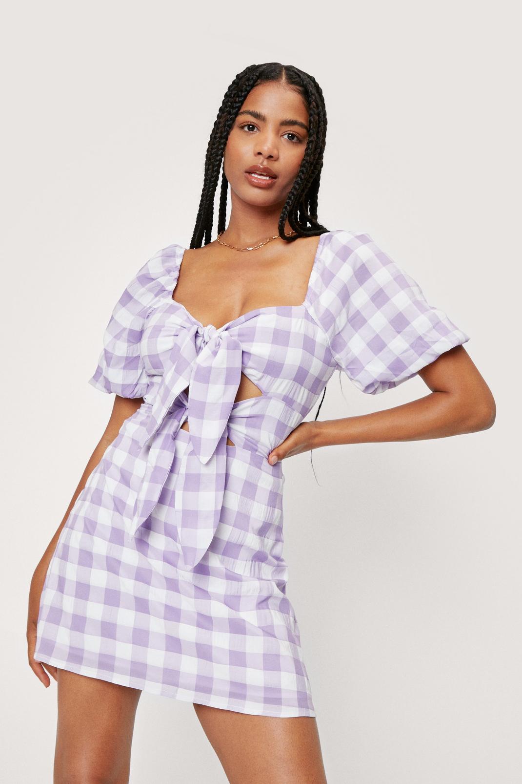 Gingham Tie Front Cut Out Mini Dress image number 1