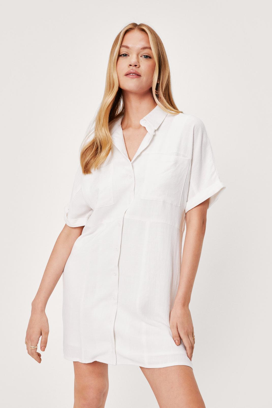 Ecru Linen Button Down Mini Shirt Dress image number 1
