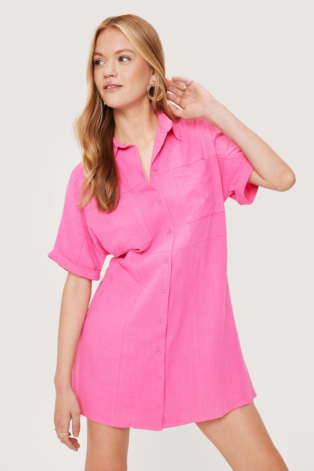 Robe chemise effet lin à manches courtes, Hot pink image number 1