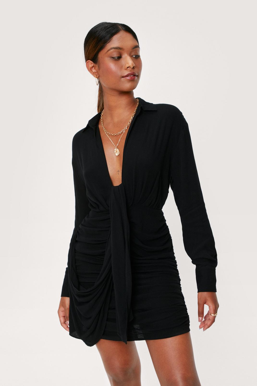 Black Linen Drape Front Mini Shirt Dress image number 1