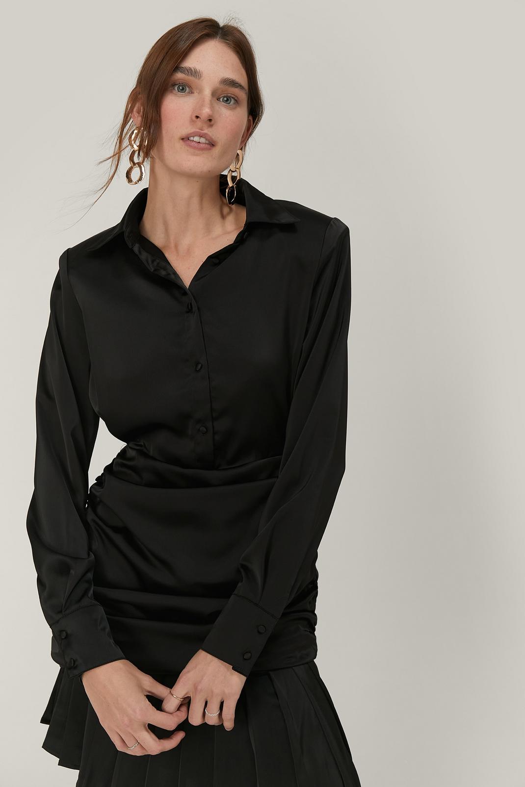 Black Statement Shoulder Satin Mini Shirt Dress image number 1