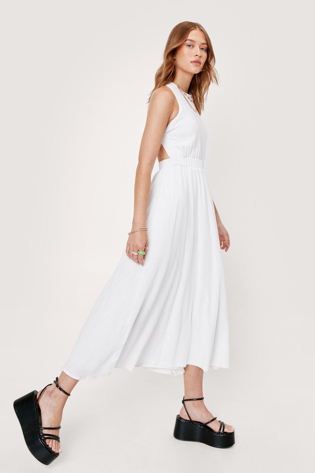 White Ruched Strap Cotton Midi Tea Dress image number 1