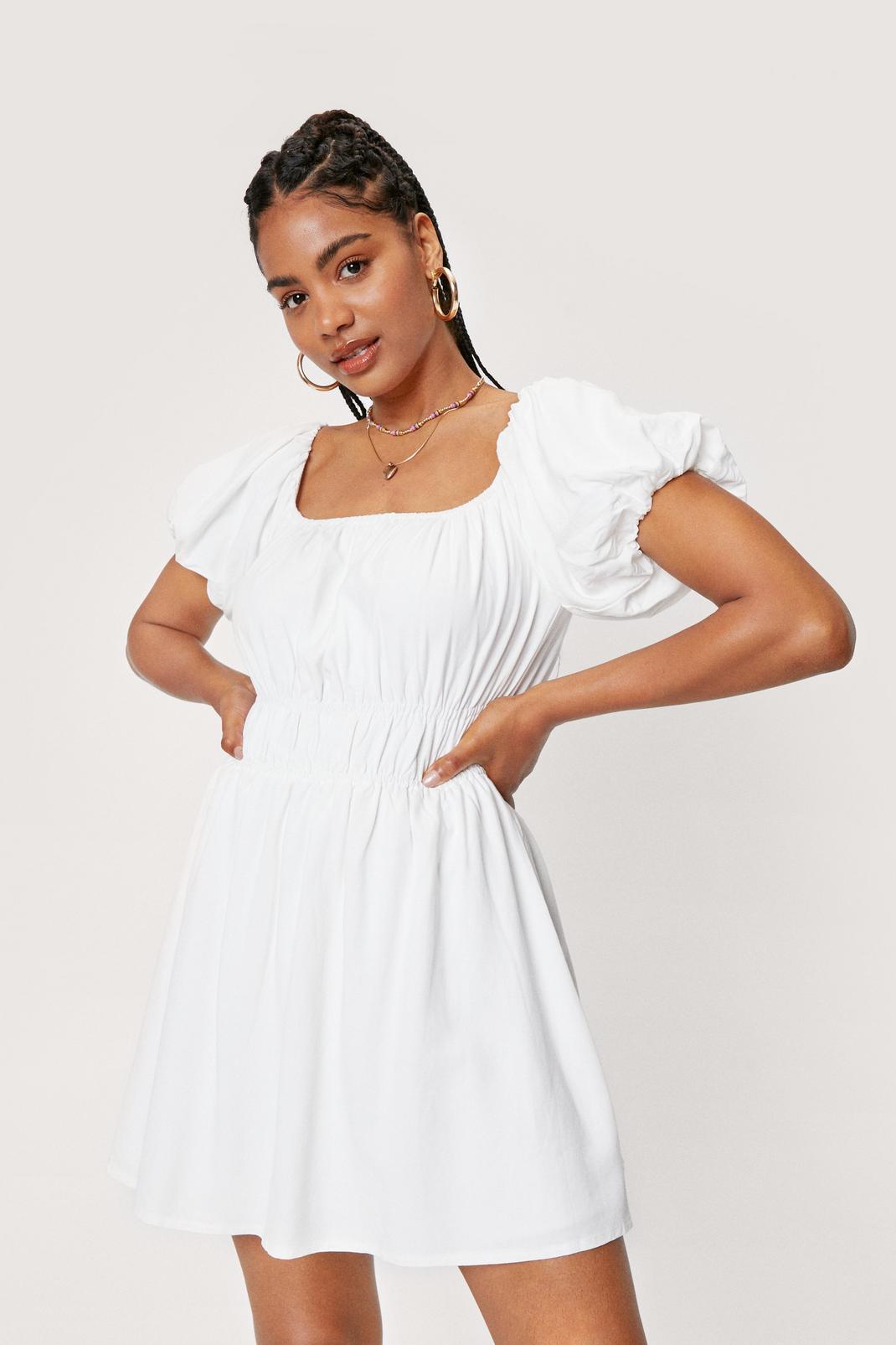 White Shirred Waist Mini Tea Dress image number 1