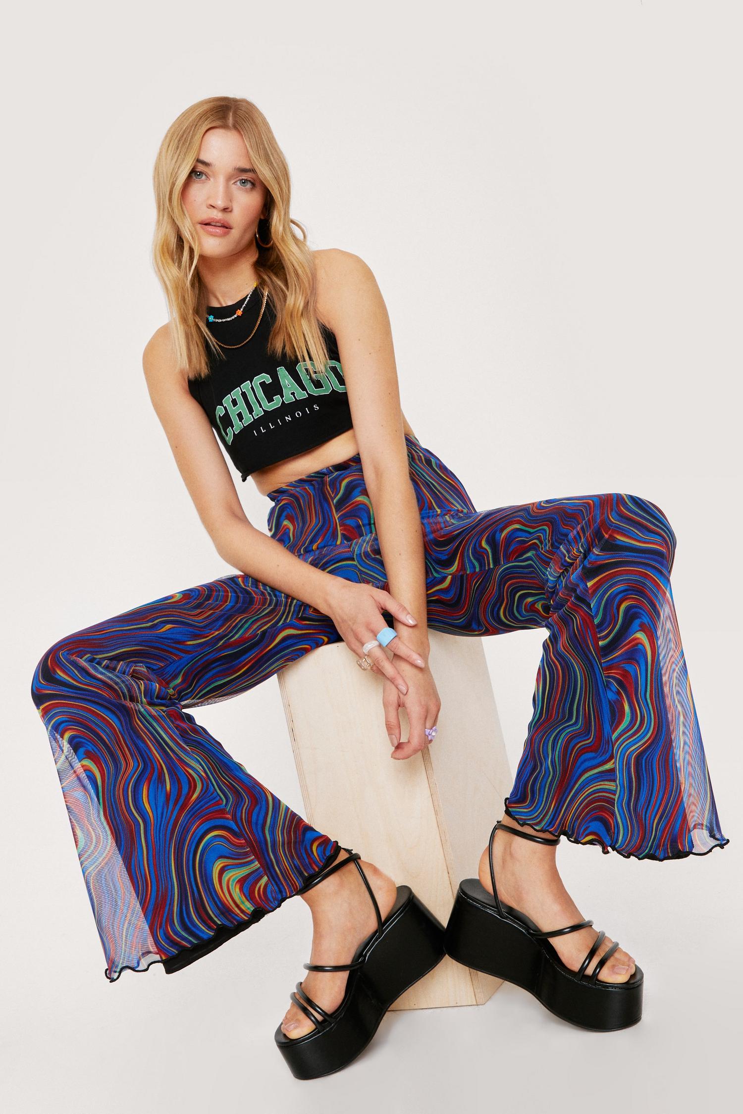 pink mesh flare pants
