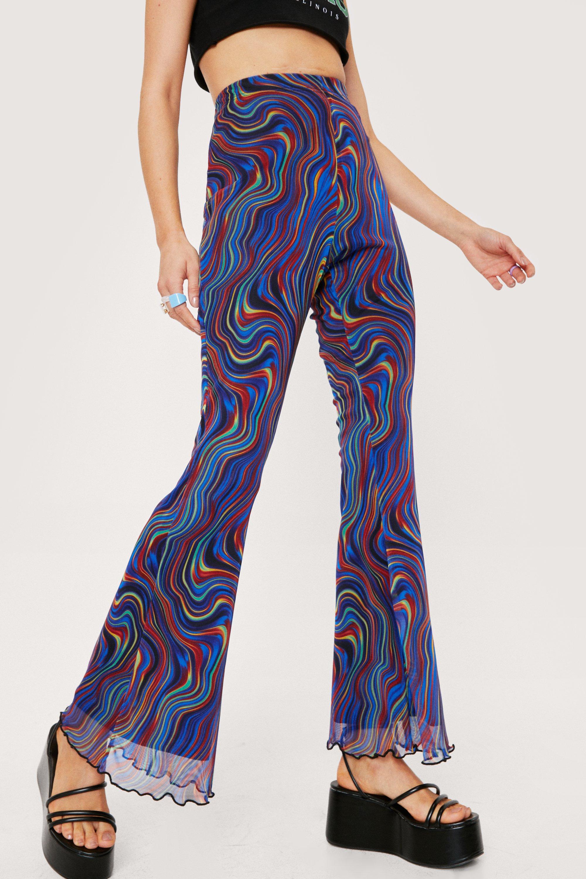 Psychedelic Ruffle Hem Mesh Flared Pants