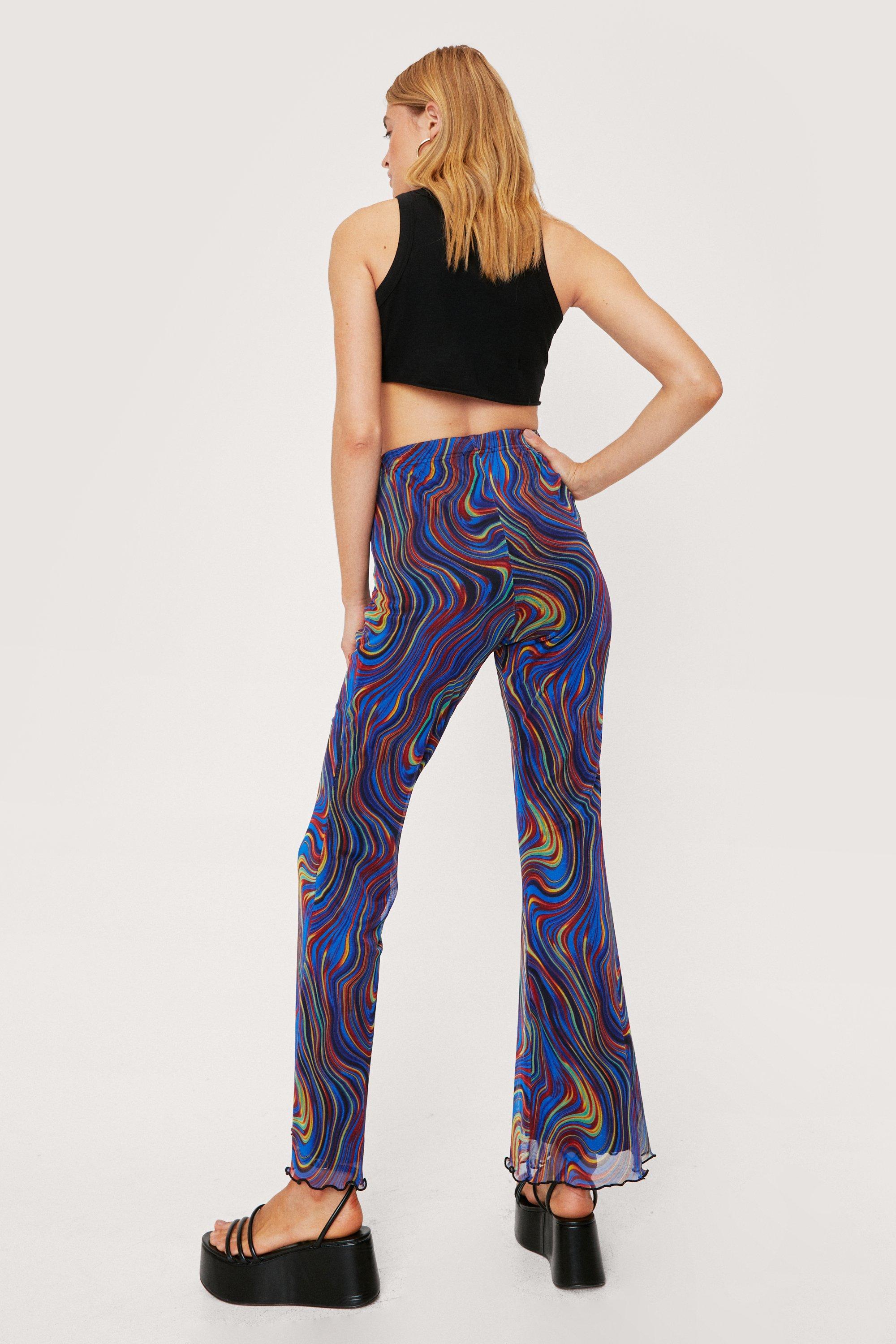 Psychedelic Ruffle Hem Mesh Flared Pants