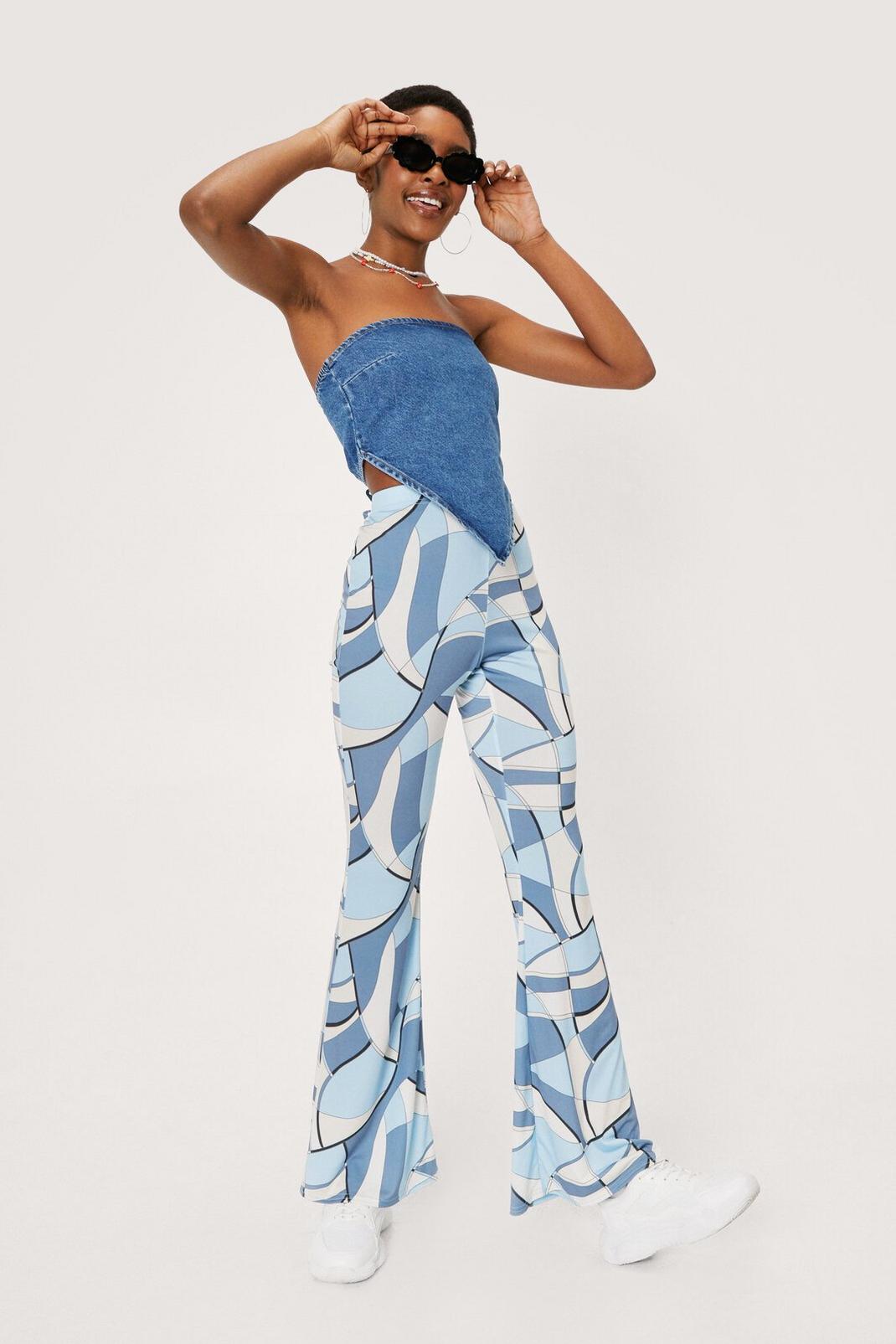 Blue Abstract Print Colorblock Flare Pants image number 1