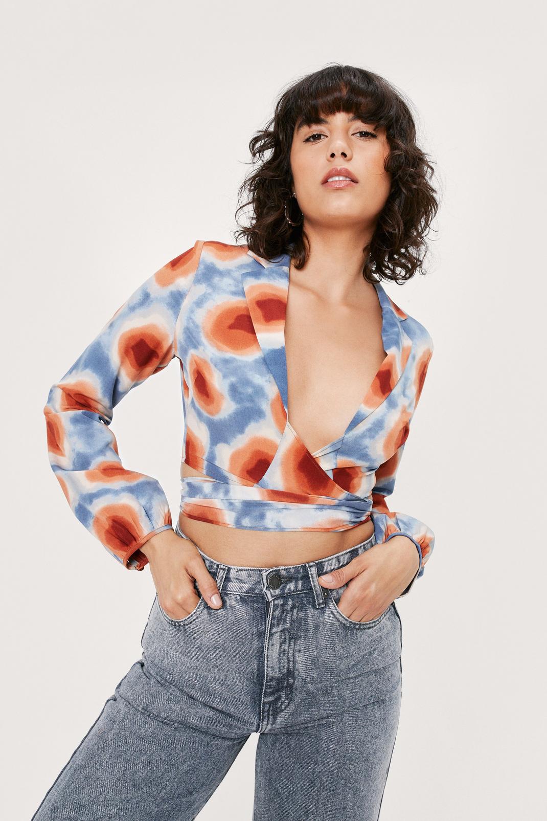 Blue Abstract Blurred Print Wrap Cropped Blouse image number 1