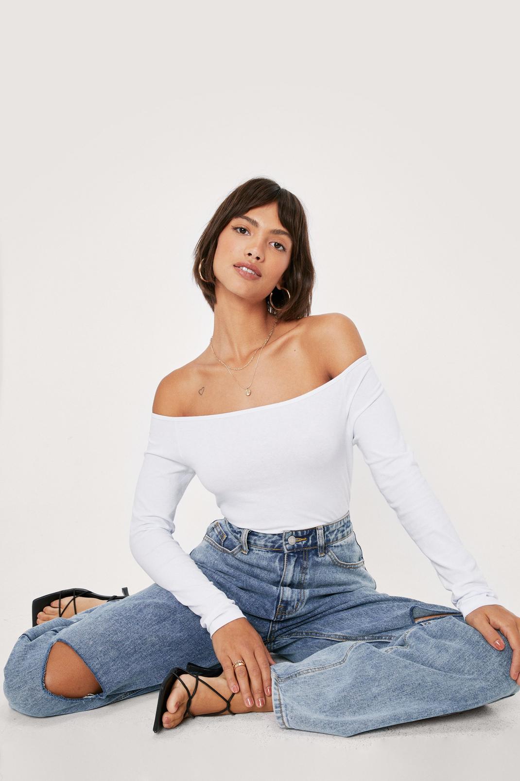 White Off the Shoulder Fitted Long Sleeve Top image number 1
