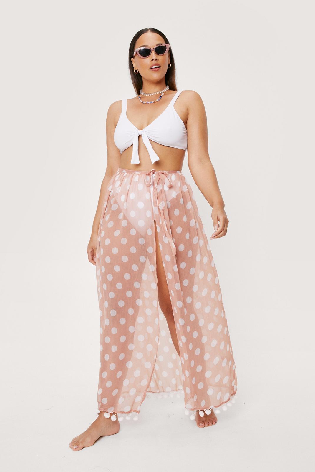 Tan Plus Size Sheer Polka Dot Maxi Beach Skirt image number 1