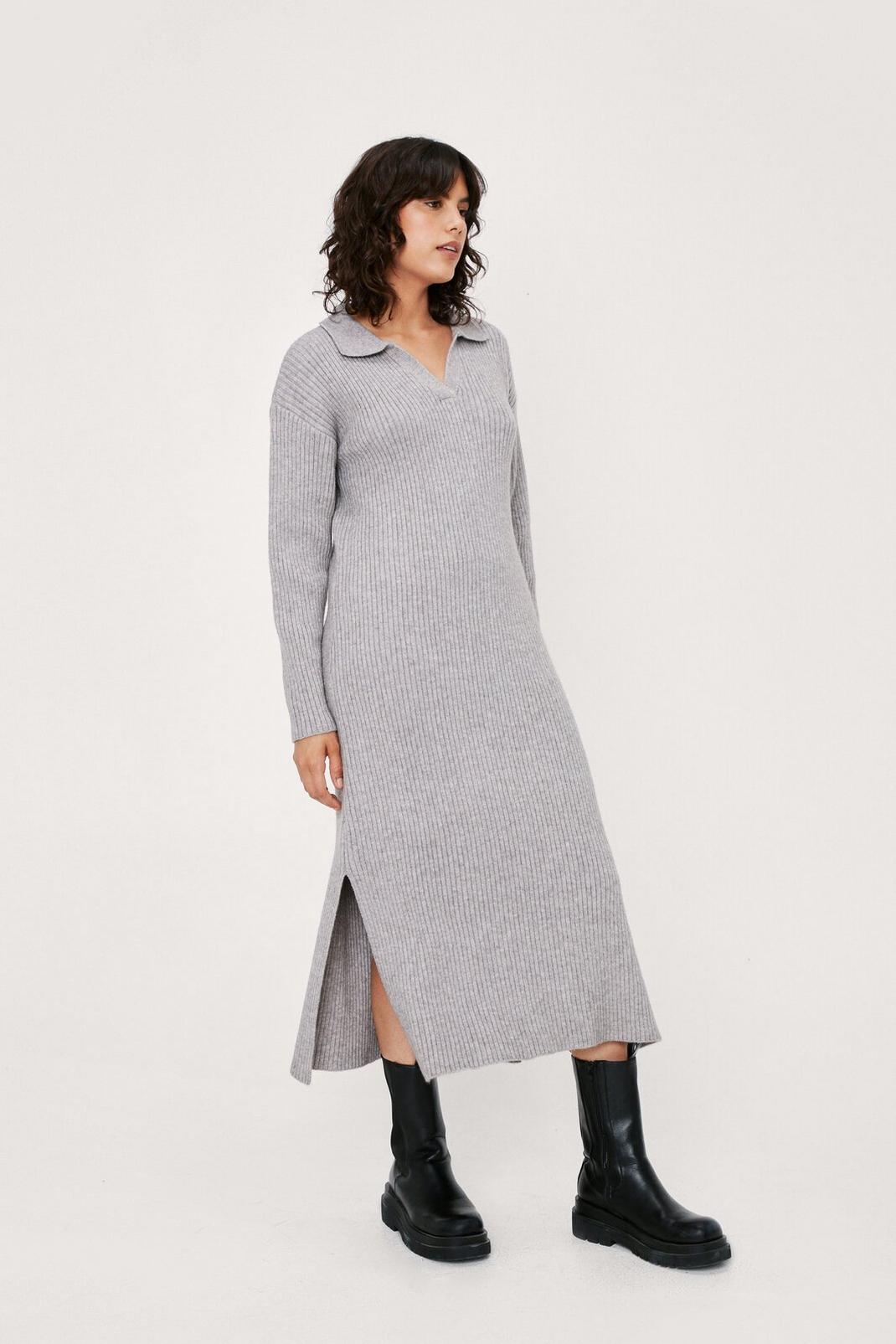 Grey Collar Knitted Ribbed Midi Jumper Dress image number 1