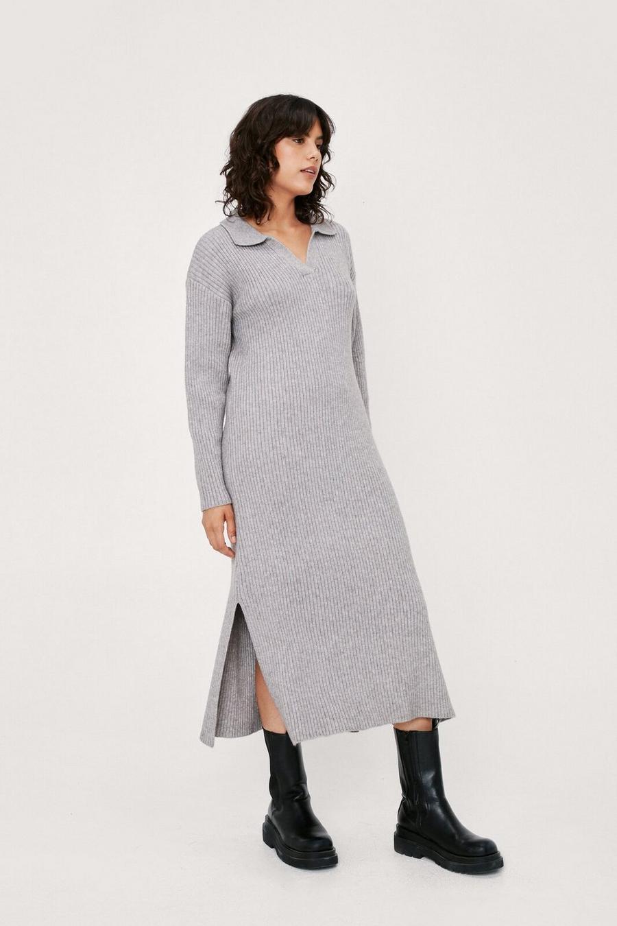 Collar Knitted Ribbed Midi Sweater Dress
