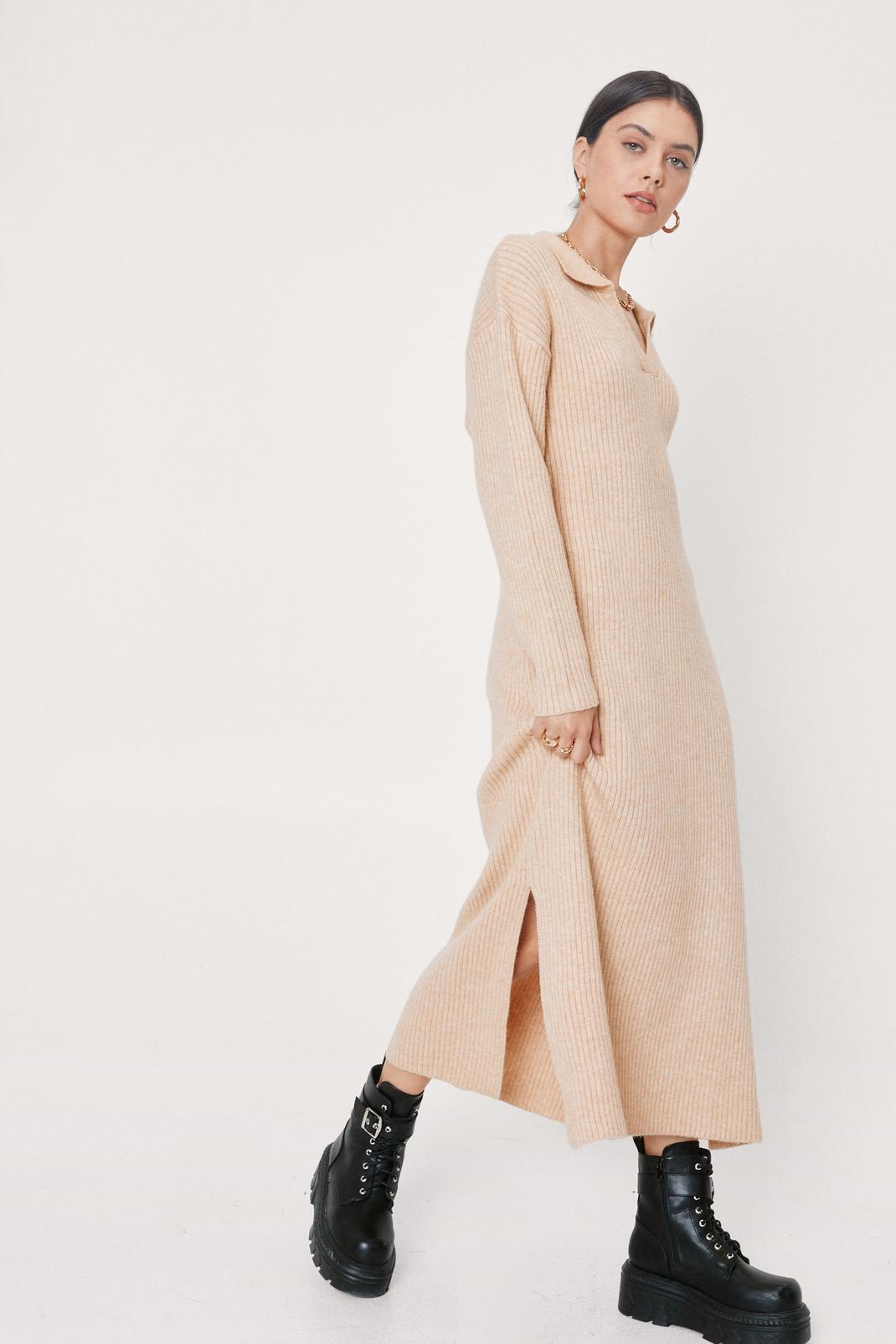 Oatmeal Collar Knitted Ribbed Midi Jumper Dress image number 1