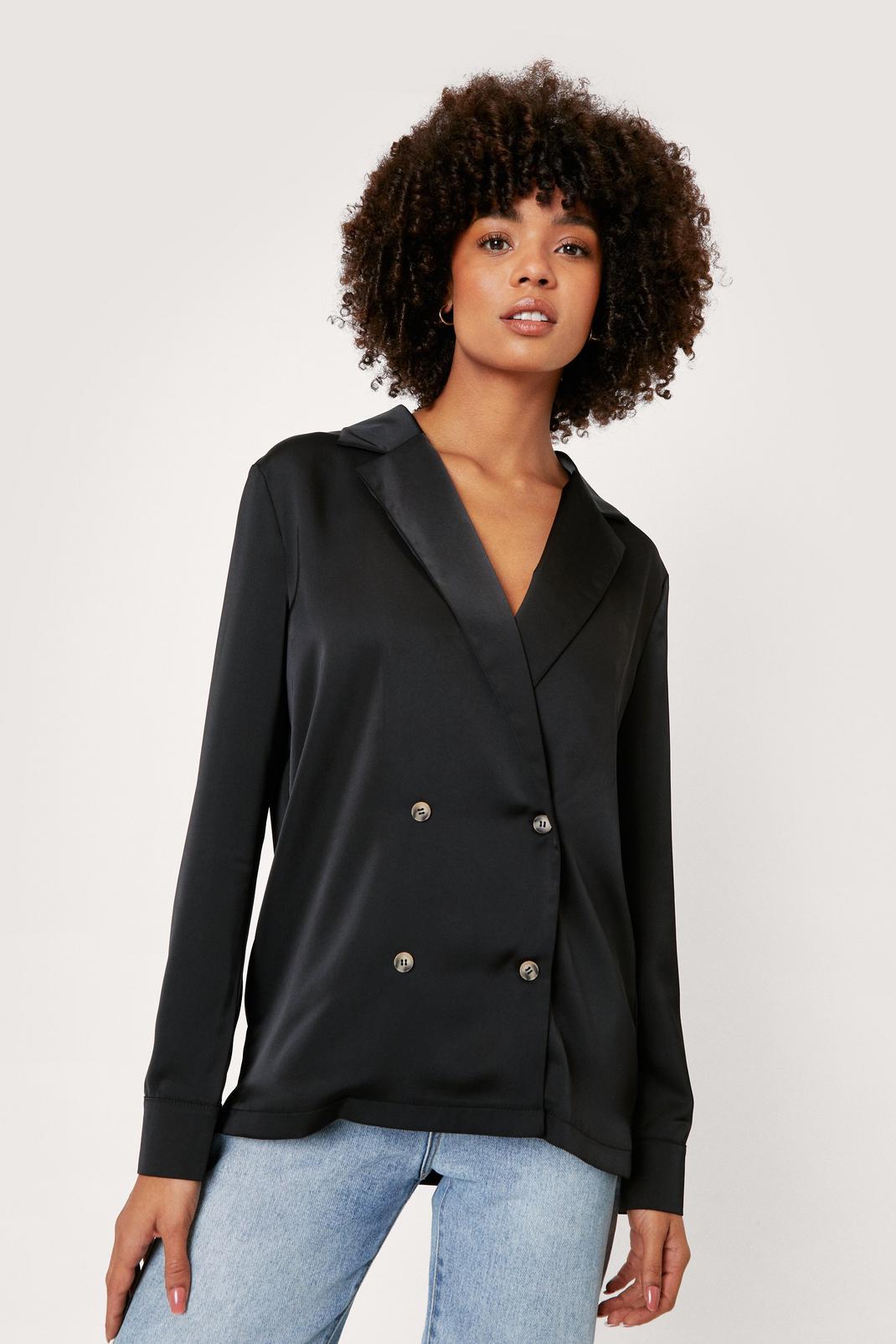 Black Satin Double Breasted Long Sleeve Blazer image number 1