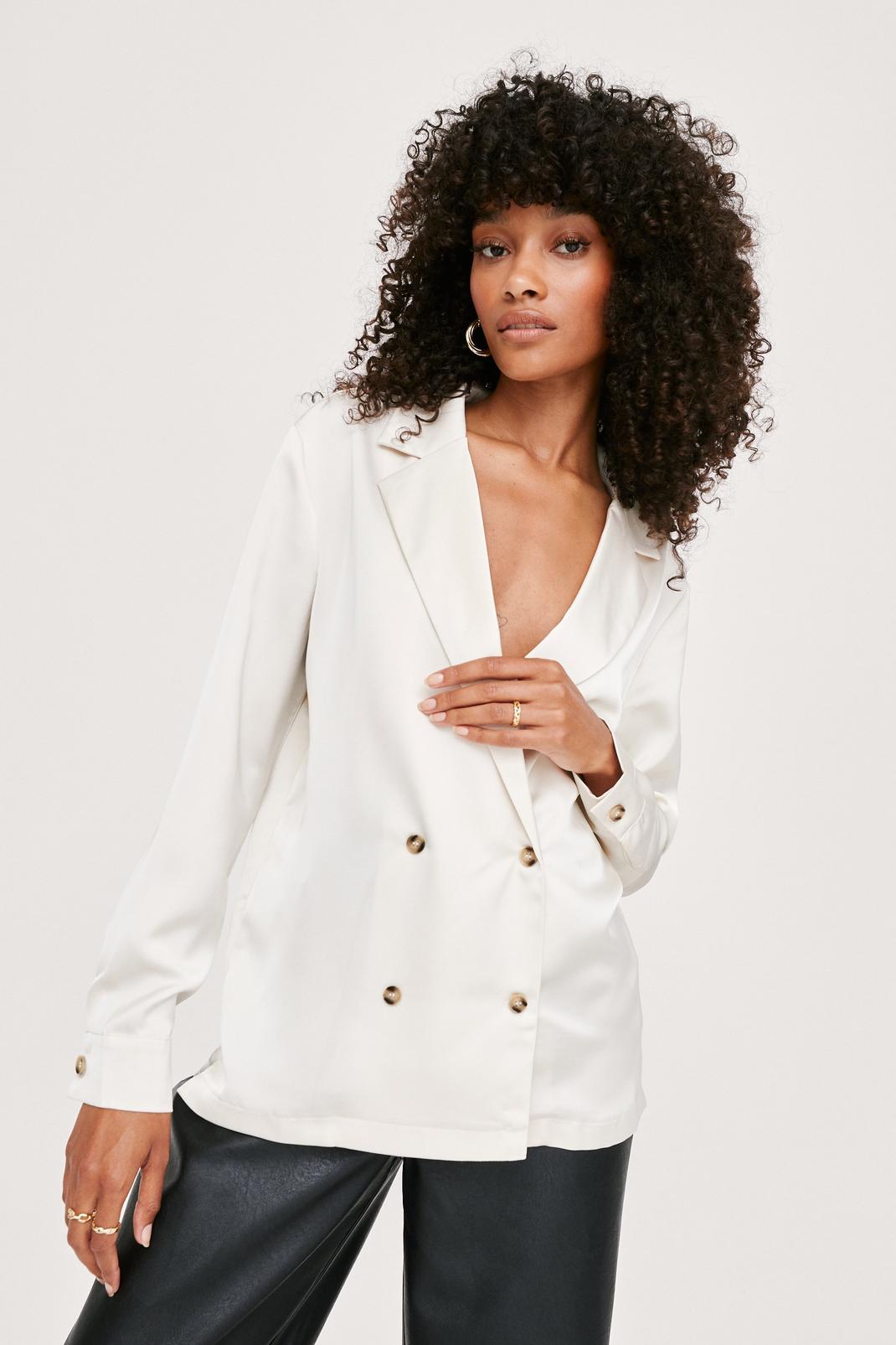 Cream Satin Double Breasted Long Sleeve Blazer image number 1
