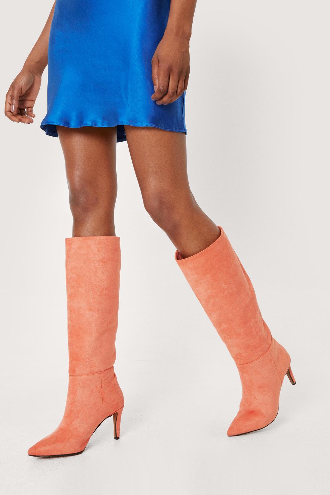 Orange Faux Suede Knee High Stiletto Boots image number 1