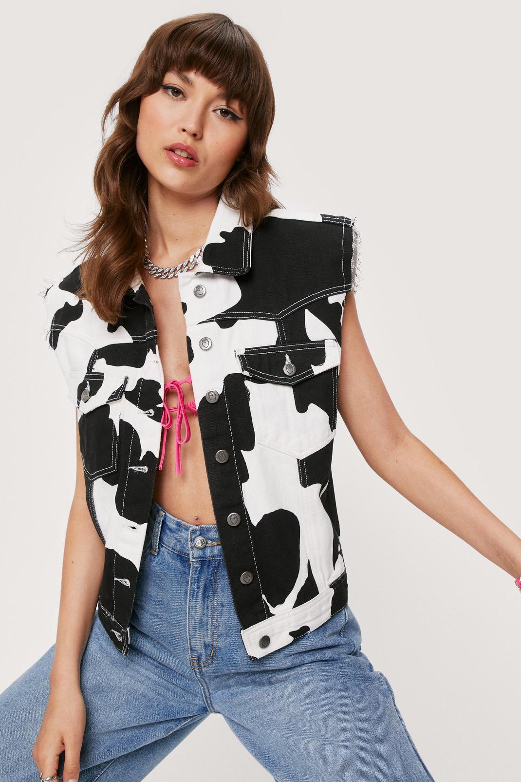 Off white Cow Print Button Down Sleeveless Denim Jacket image number 1