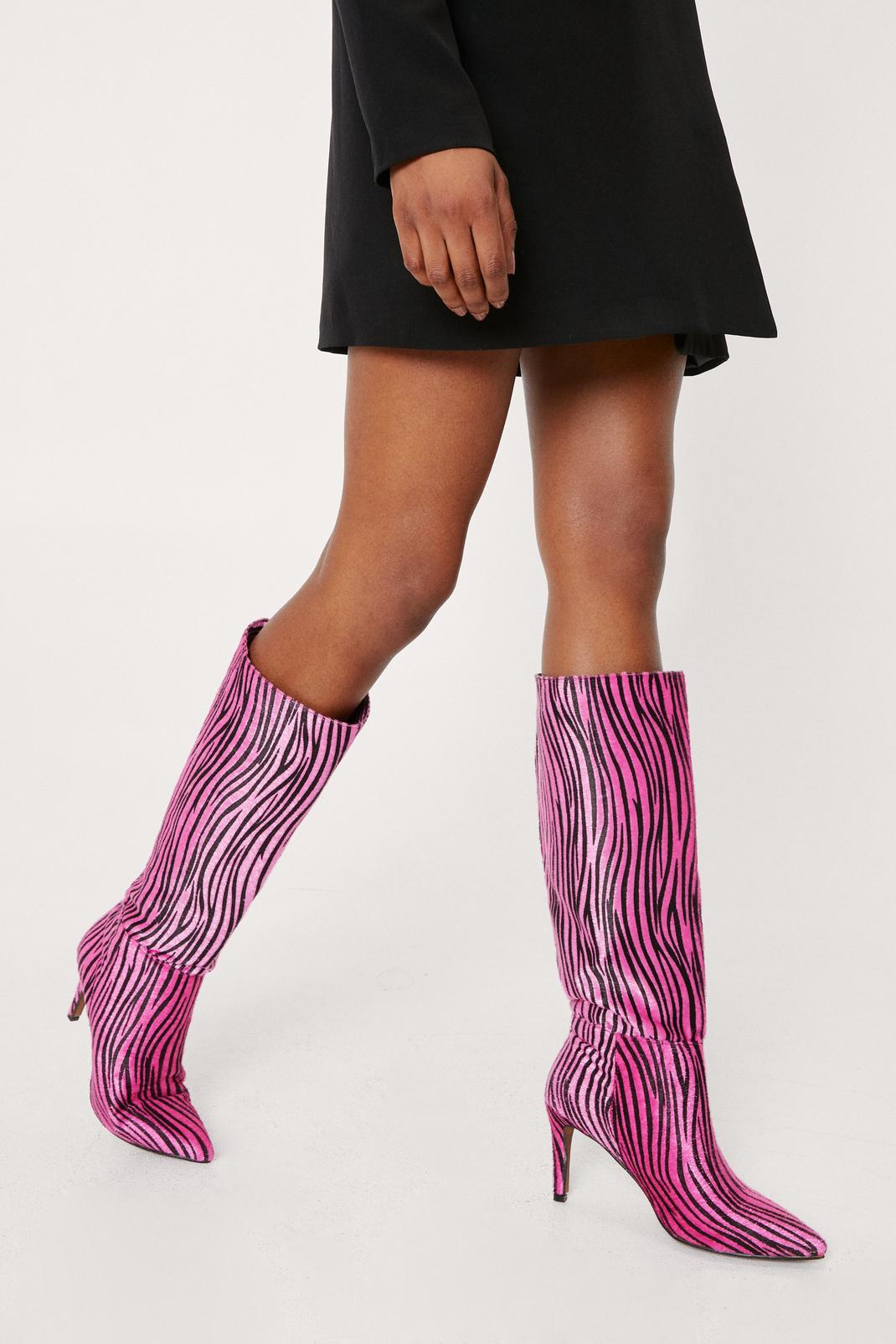 Pink Faux Pony Zebra Print Knee High Boots image number 1