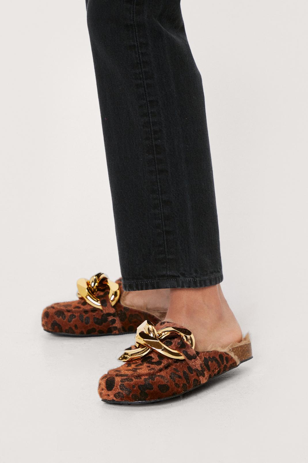 Black Faux Fur Trim Leopard Print Chain Loafers image number 1