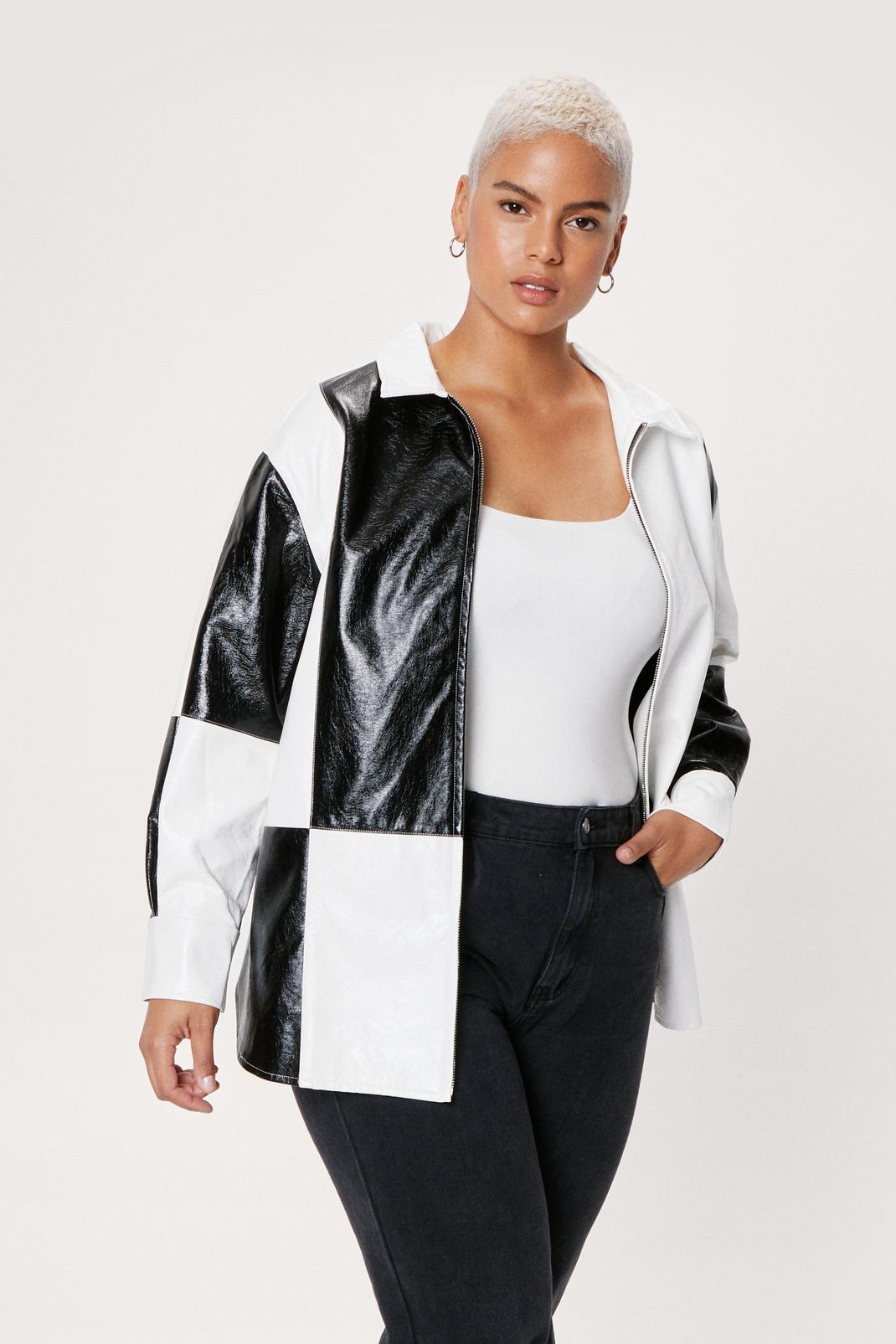 Faux Leather Colorblock Patchwork Shirt Jacket image number 1