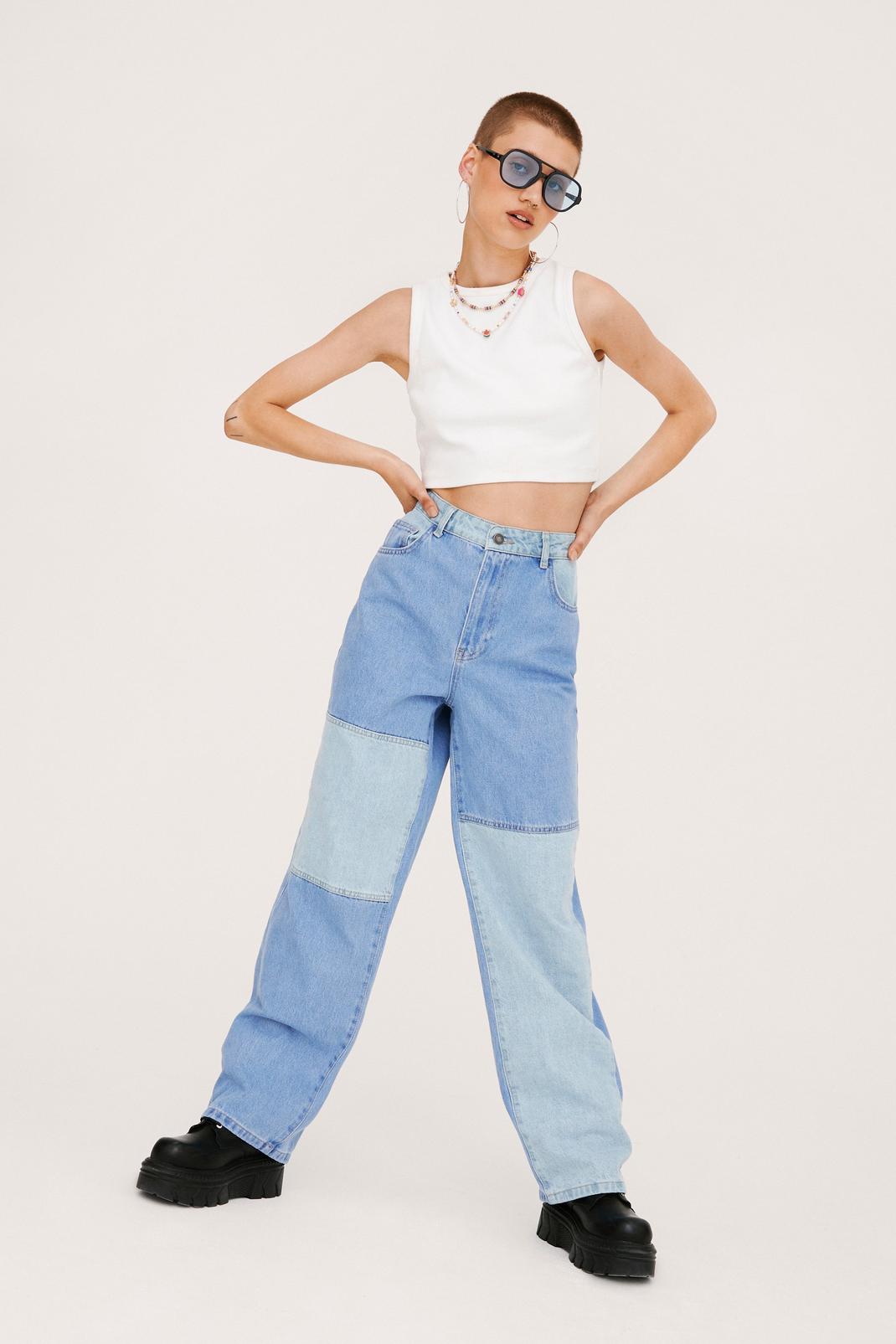 Dark blue Color Block High Waisted Straight Leg Jeans image number 1