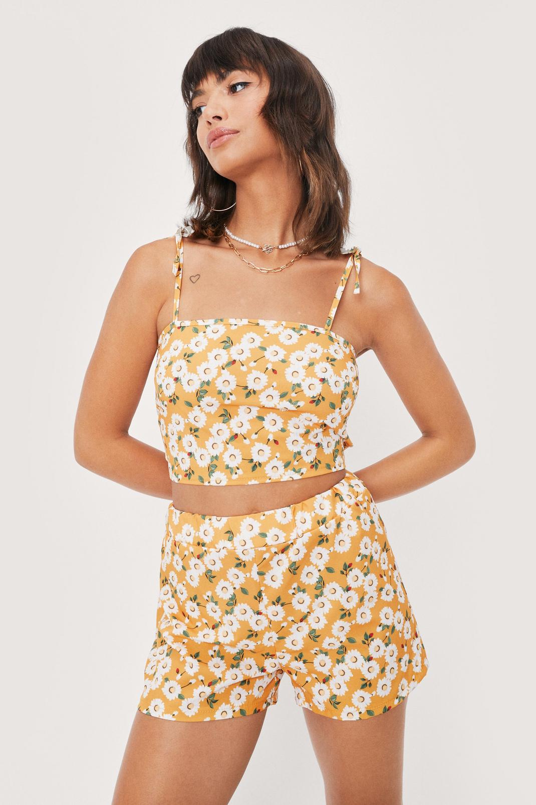 Mustard Daisy Floral High Waisted Co-ord Shorts image number 1