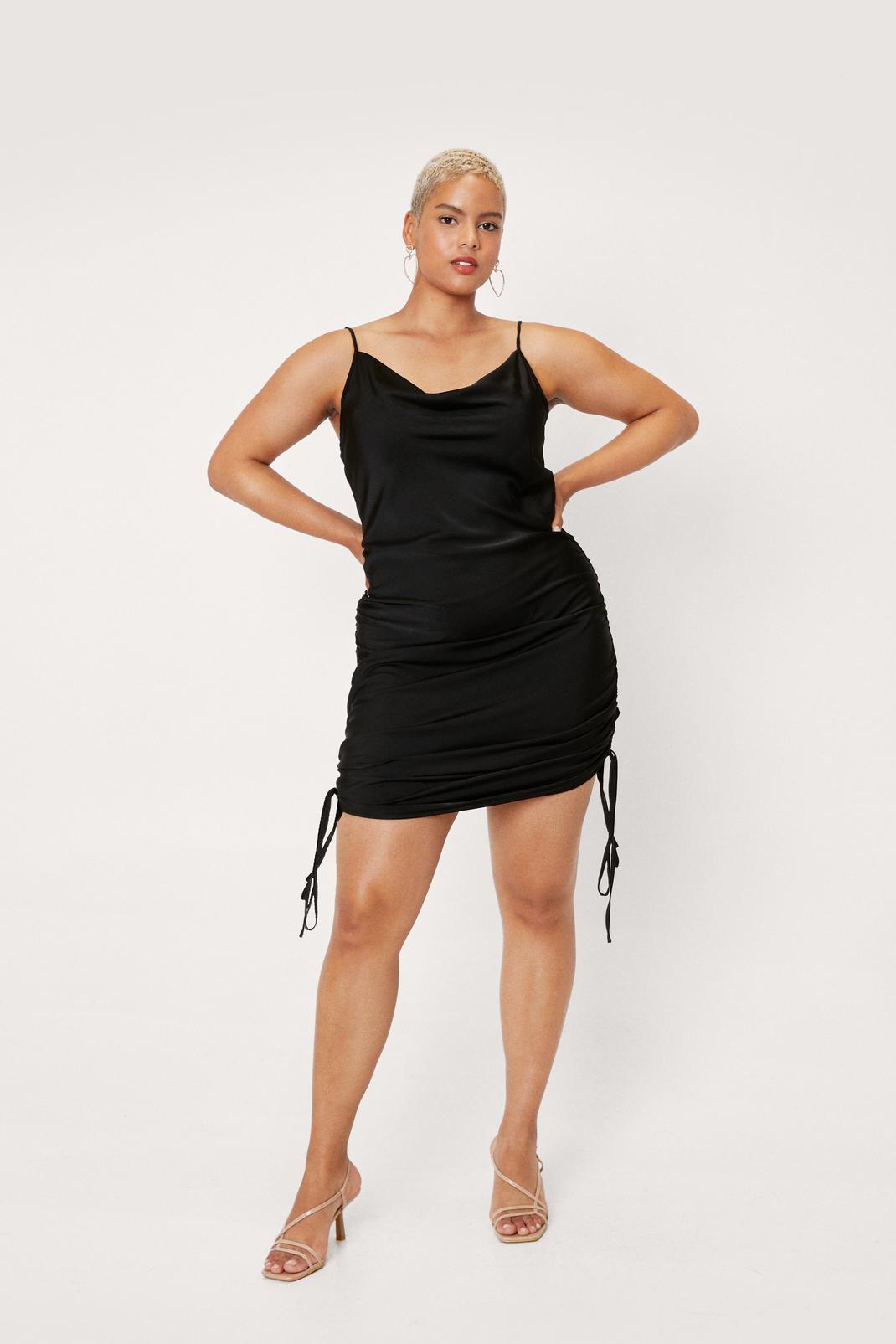 Black Plus Size Ruched Satin Cowl Mini Dress image number 1