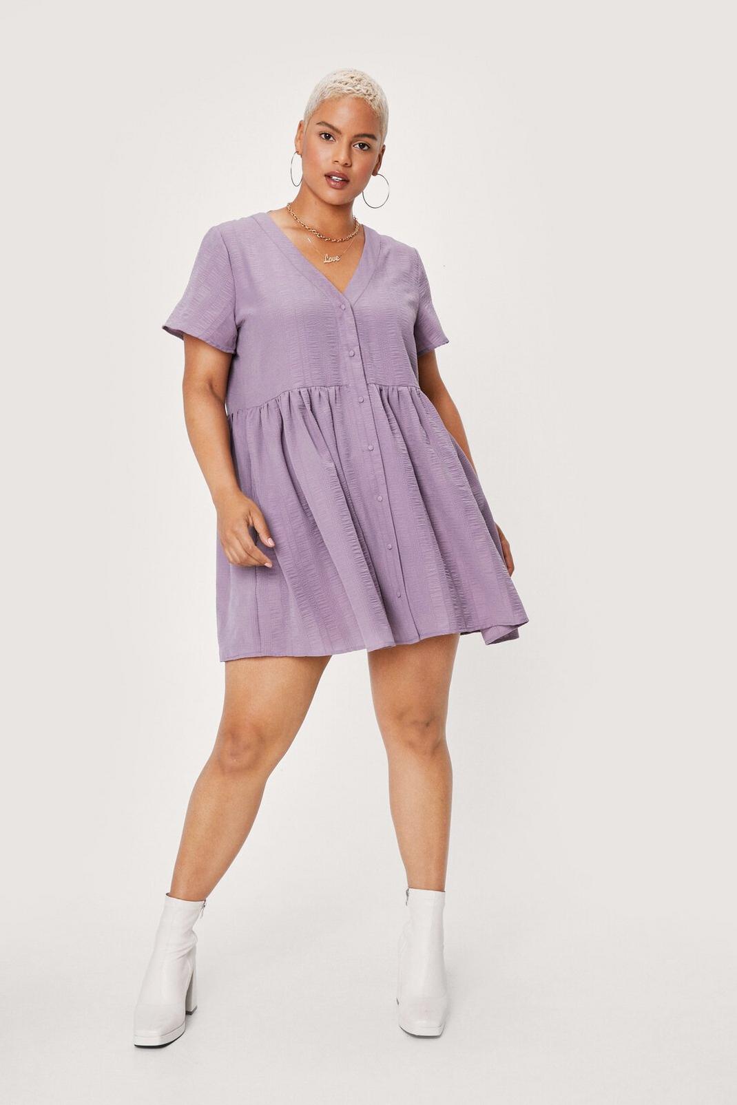 Purple Plus Size Textured Button Down Smock Dress image number 1
