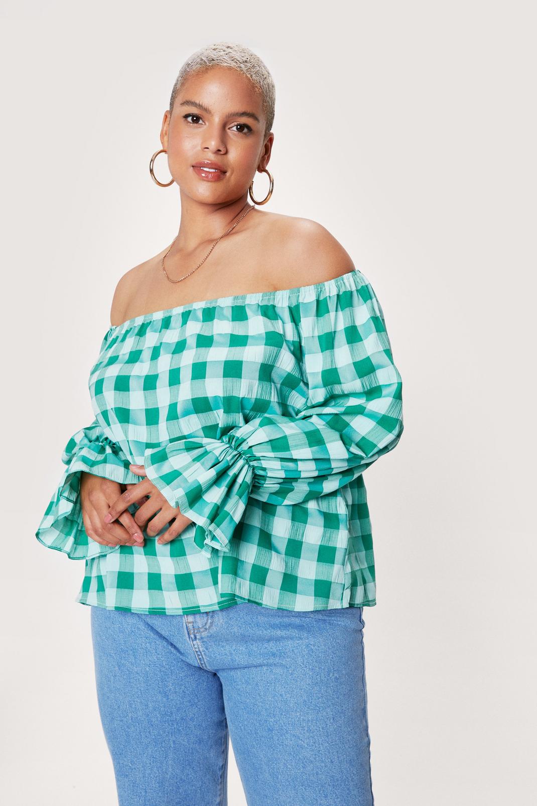 Green Plus Size Check Print Off the Shoulder Top image number 1