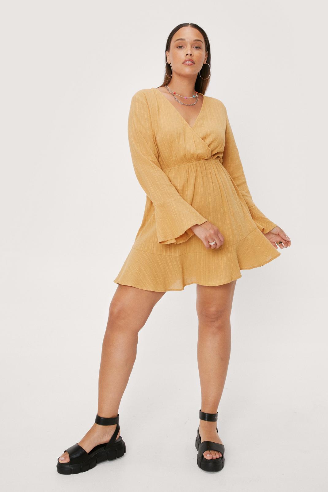 Mustard Plus Size Long Sleeve Textured Wrap Dress image number 1