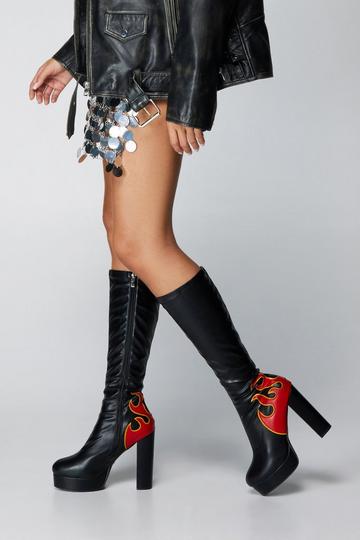Black Faux Leather Flame Platform Knee High Boots