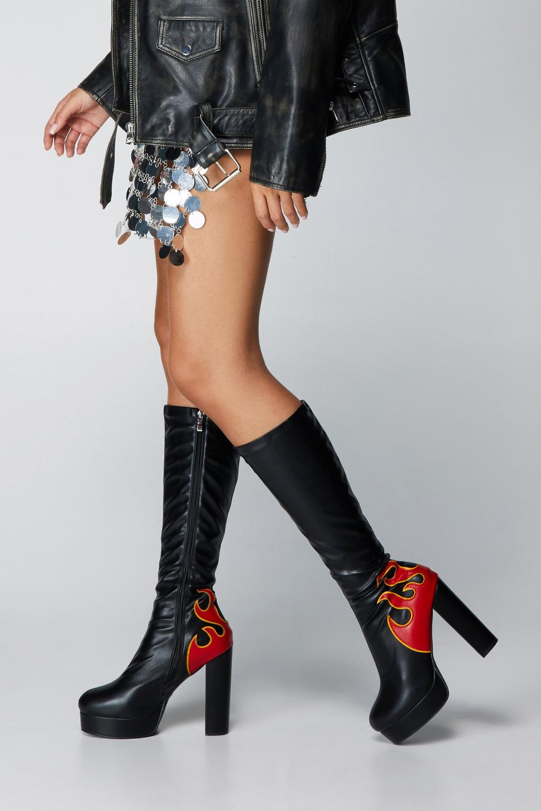 Black Faux Leather Flame Platform Knee High Boots image number 1