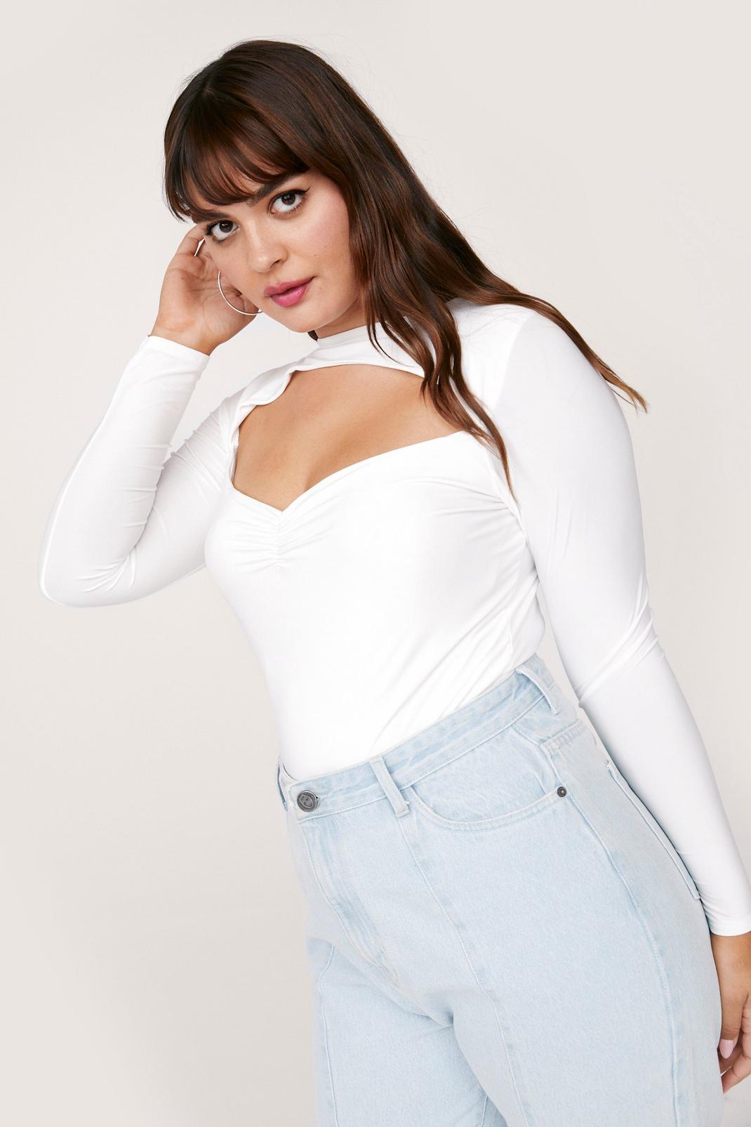 Cream Plus Size Slinky Long Sleeve Cut Out Bodysuit image number 1