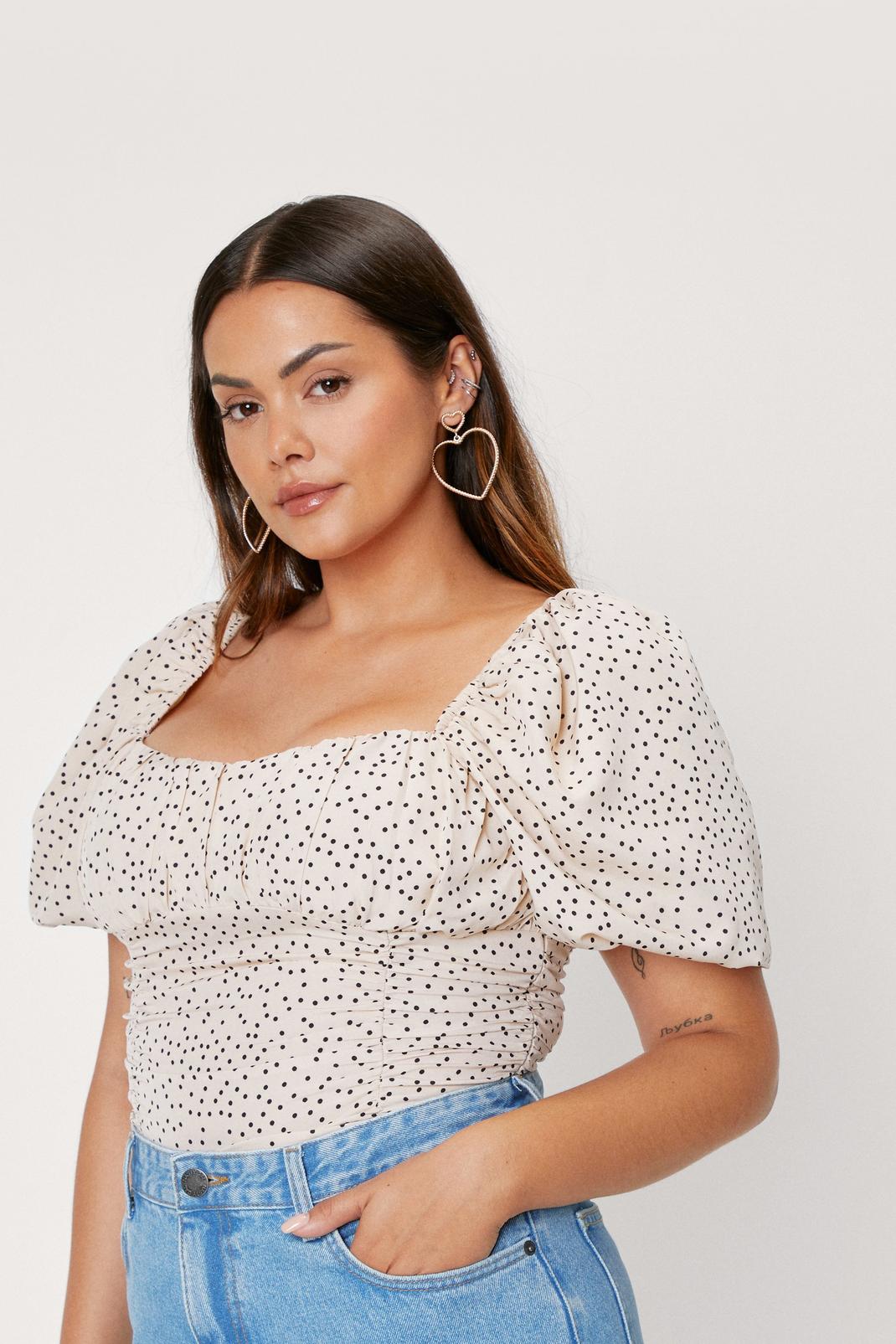 123 Plus Size Puff Sleeve Polka Dot Blouse image number 1