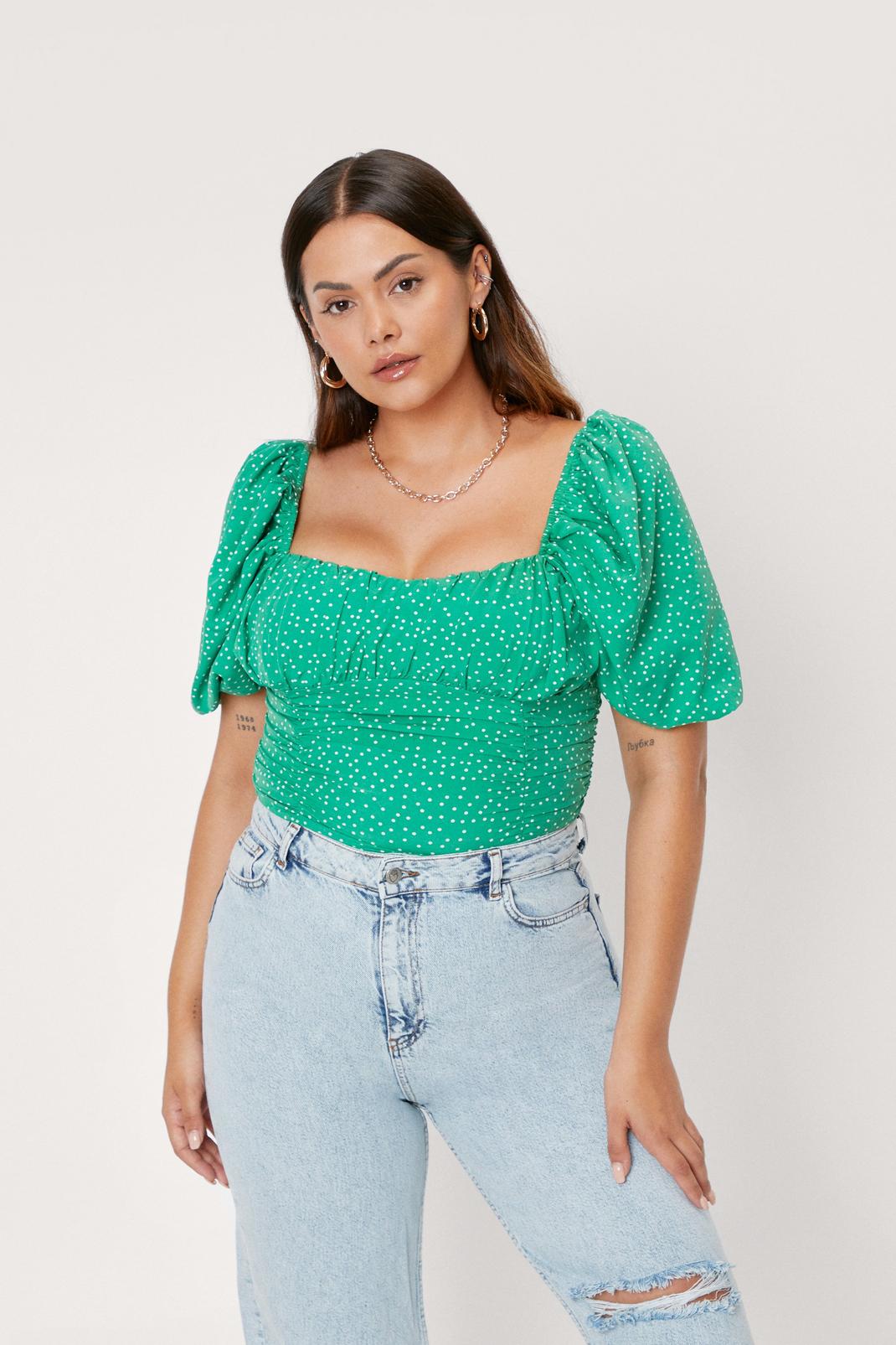 Green Plus Size Puff Sleeve Polka Dot Blouse image number 1