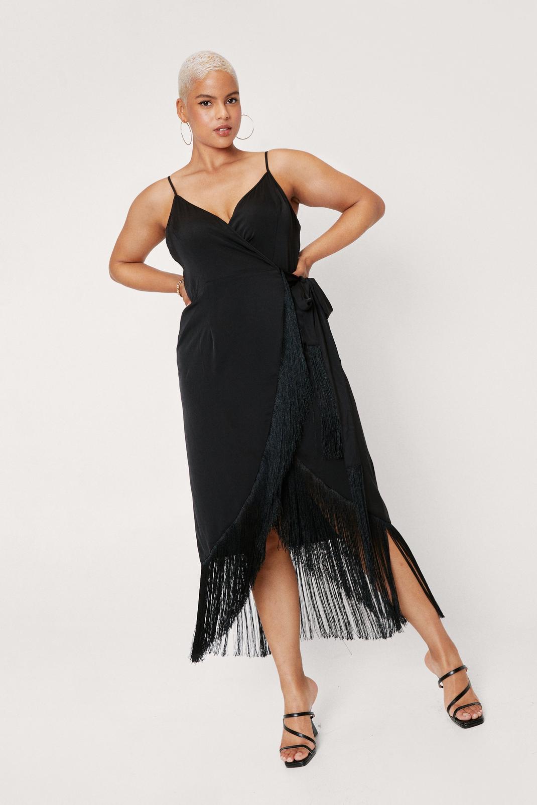 Black Plus Size Fringe Trim Satin Wrap Midi Dress image number 1